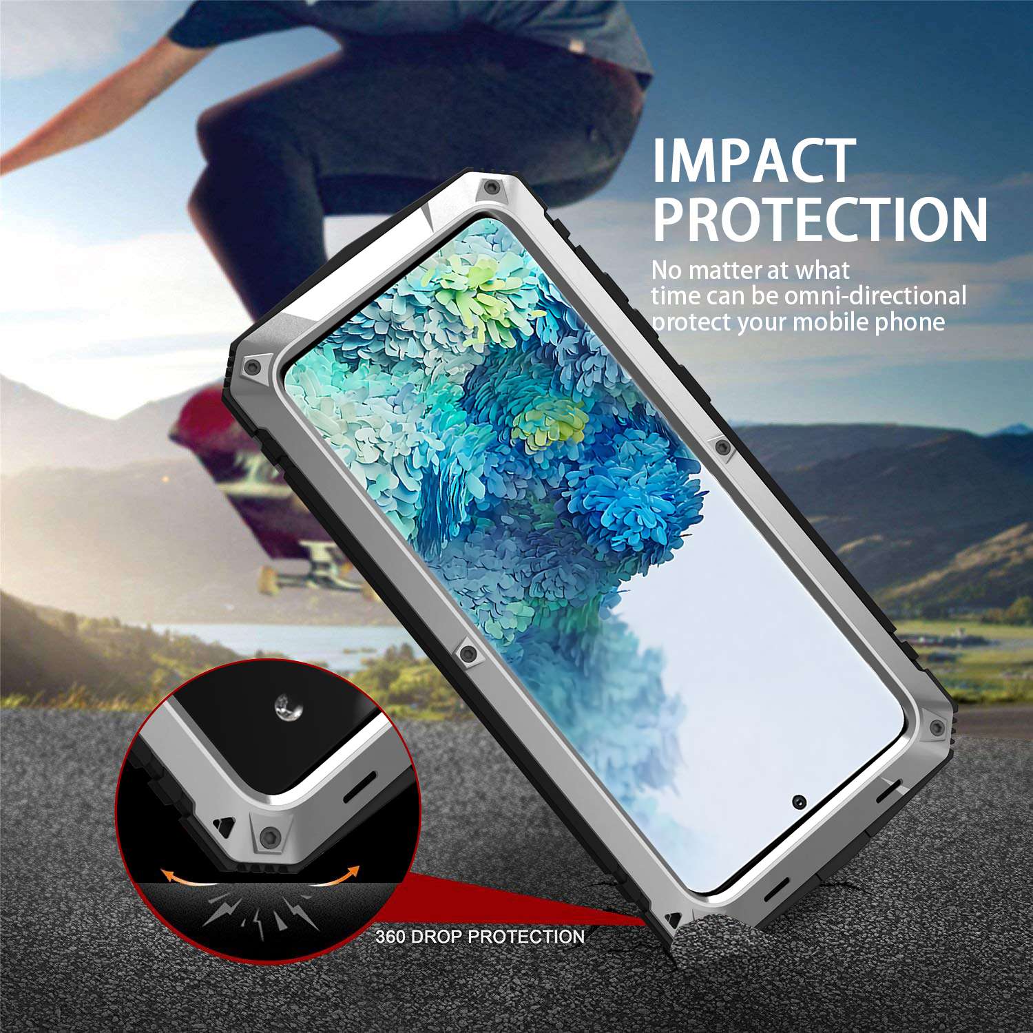 R-JUST For Samsung Galaxy S20 Plus 4G / 5G Dust-proof Splash-proof Drop-proof Phone Case Metal + Silicone + PC Kickstand Feature Cover with Tempered Glass Film - Silver