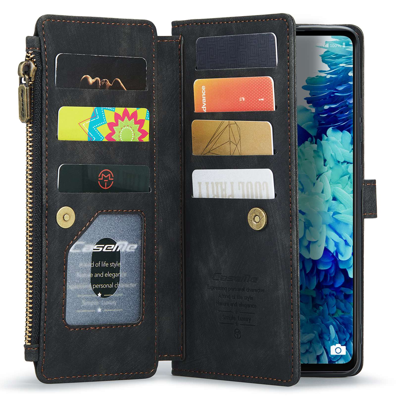 CASEME C30 Series Phone Wallet Case for Samsung Galaxy S20 FE 4G / 5G / S20 FE 2022 / S20 Lite, PU Leather Cover with Multiple Card Slots Zipper Pocket Phone Protective Shell - Black