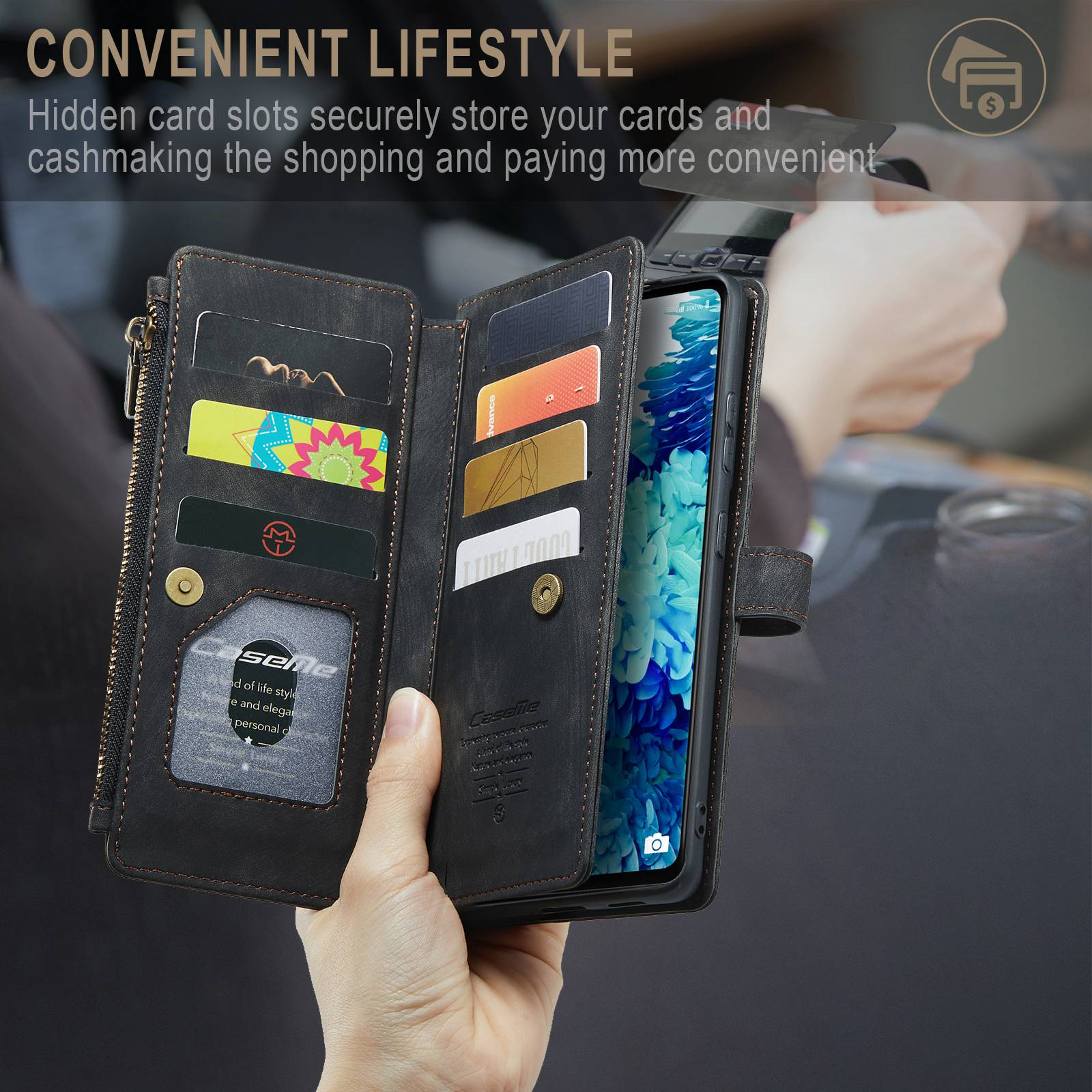 CASEME C30 Series Phone Wallet Case for Samsung Galaxy S20 FE 4G / 5G / S20 FE 2022 / S20 Lite, PU Leather Cover with Multiple Card Slots Zipper Pocket Phone Protective Shell - Black