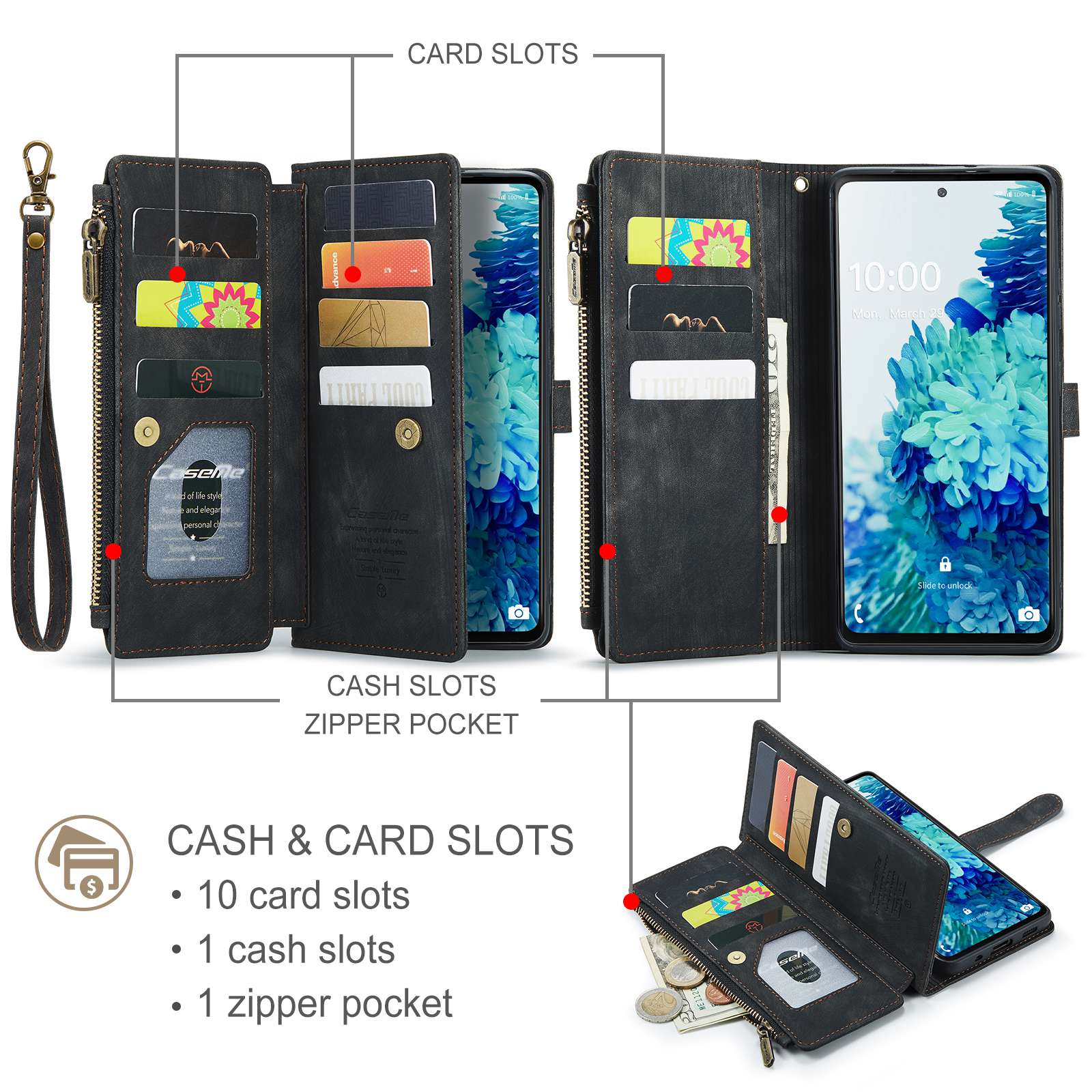 CASEME C30 Series Phone Wallet Case for Samsung Galaxy S20 FE 4G / 5G / S20 FE 2022 / S20 Lite, PU Leather Cover with Multiple Card Slots Zipper Pocket Phone Protective Shell - Black