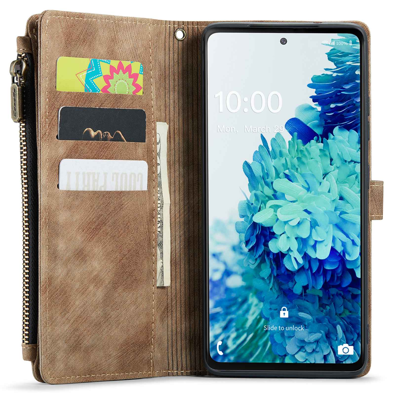 CASEME C30 Series Phone Wallet Case for Samsung Galaxy S20 FE 4G / 5G / S20 FE 2022 / S20 Lite, PU Leather Cover with Multiple Card Slots Zipper Pocket Phone Protective Shell - Brown