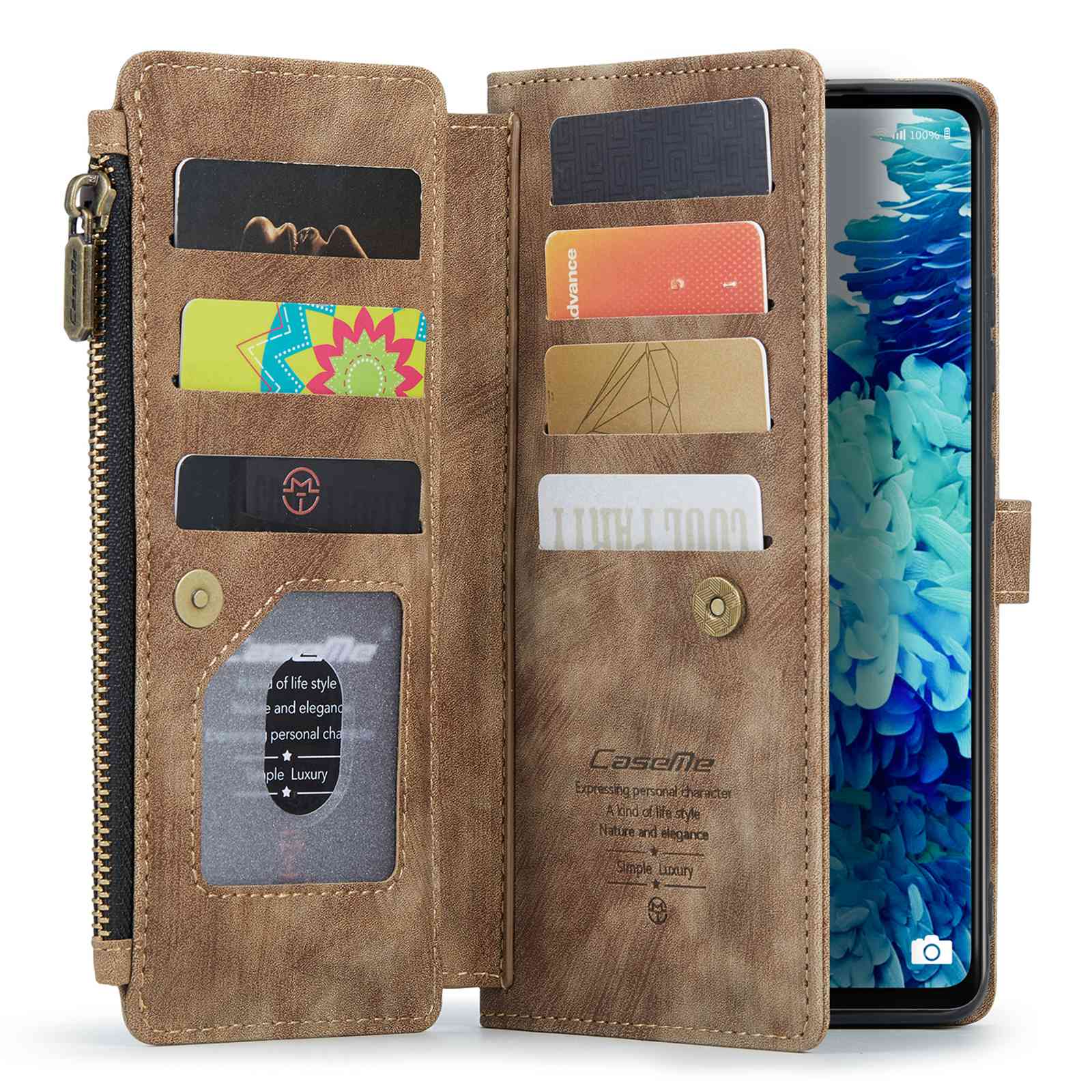 CASEME C30 Series Phone Wallet Case for Samsung Galaxy S20 FE 4G / 5G / S20 FE 2022 / S20 Lite, PU Leather Cover with Multiple Card Slots Zipper Pocket Phone Protective Shell - Brown