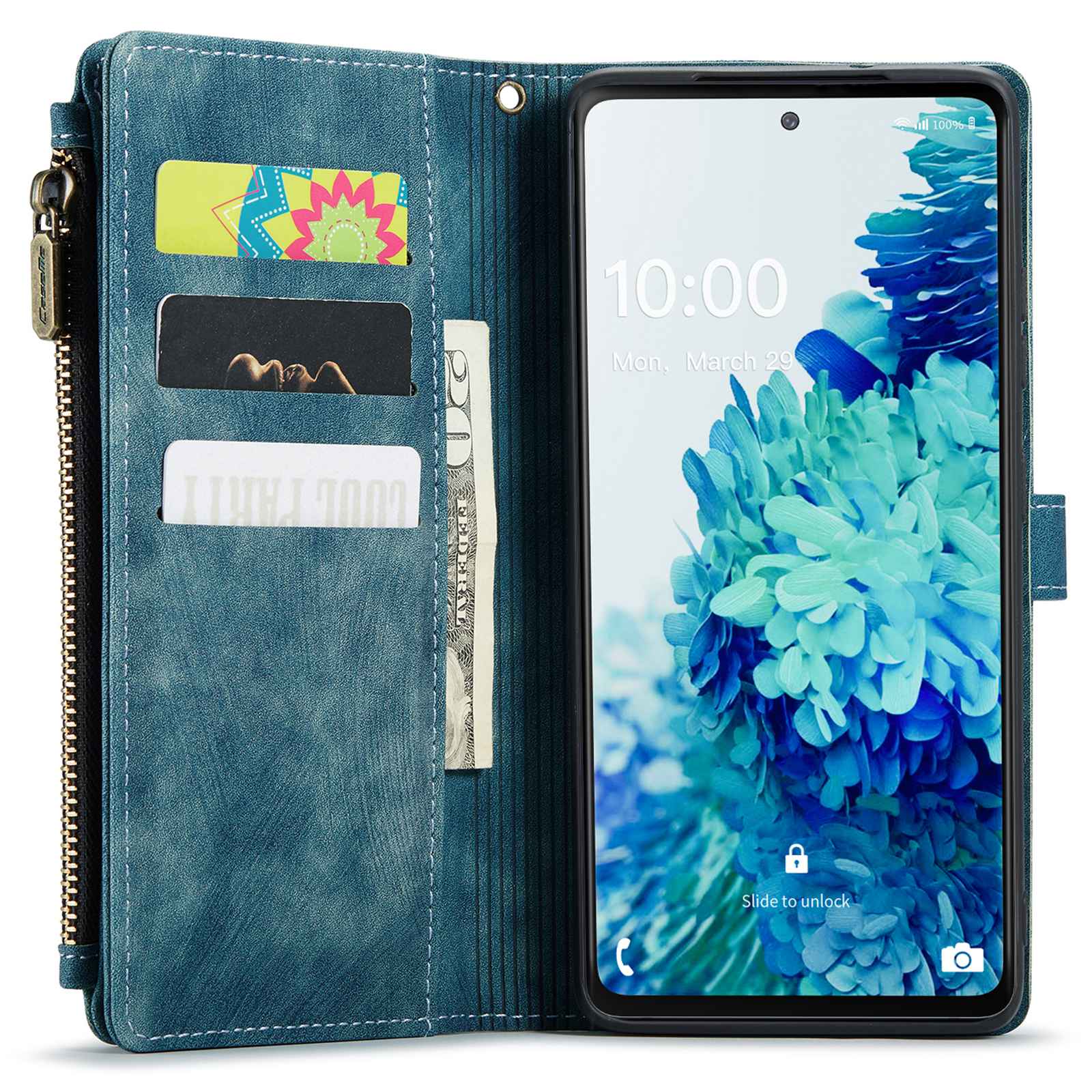 CASEME C30 Series Phone Wallet Case for Samsung Galaxy S20 FE 4G / 5G / S20 FE 2022 / S20 Lite, PU Leather Cover with Multiple Card Slots Zipper Pocket Phone Protective Shell - Blue