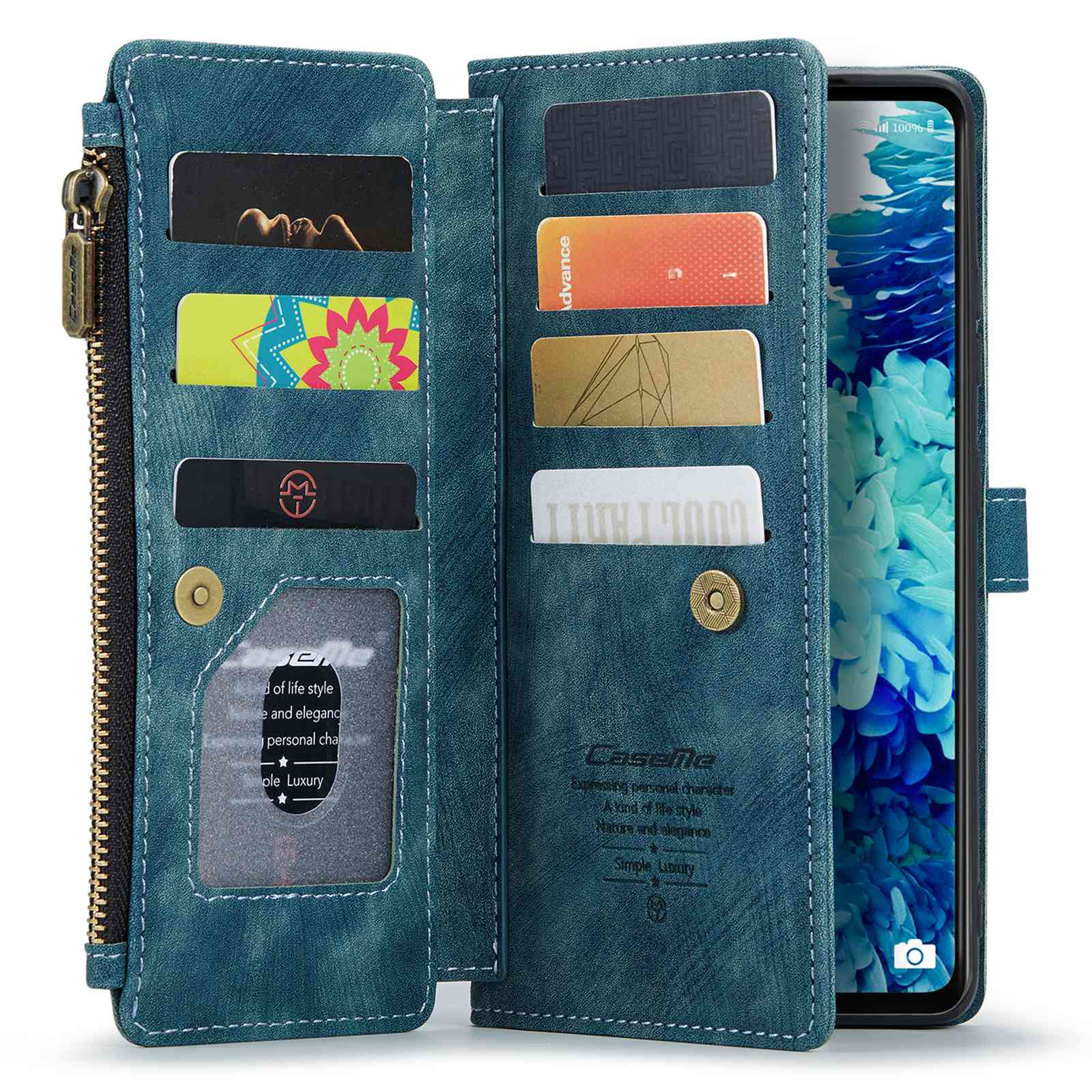 CASEME C30 Series Phone Wallet Case for Samsung Galaxy S20 FE 4G / 5G / S20 FE 2022 / S20 Lite, PU Leather Cover with Multiple Card Slots Zipper Pocket Phone Protective Shell - Blue