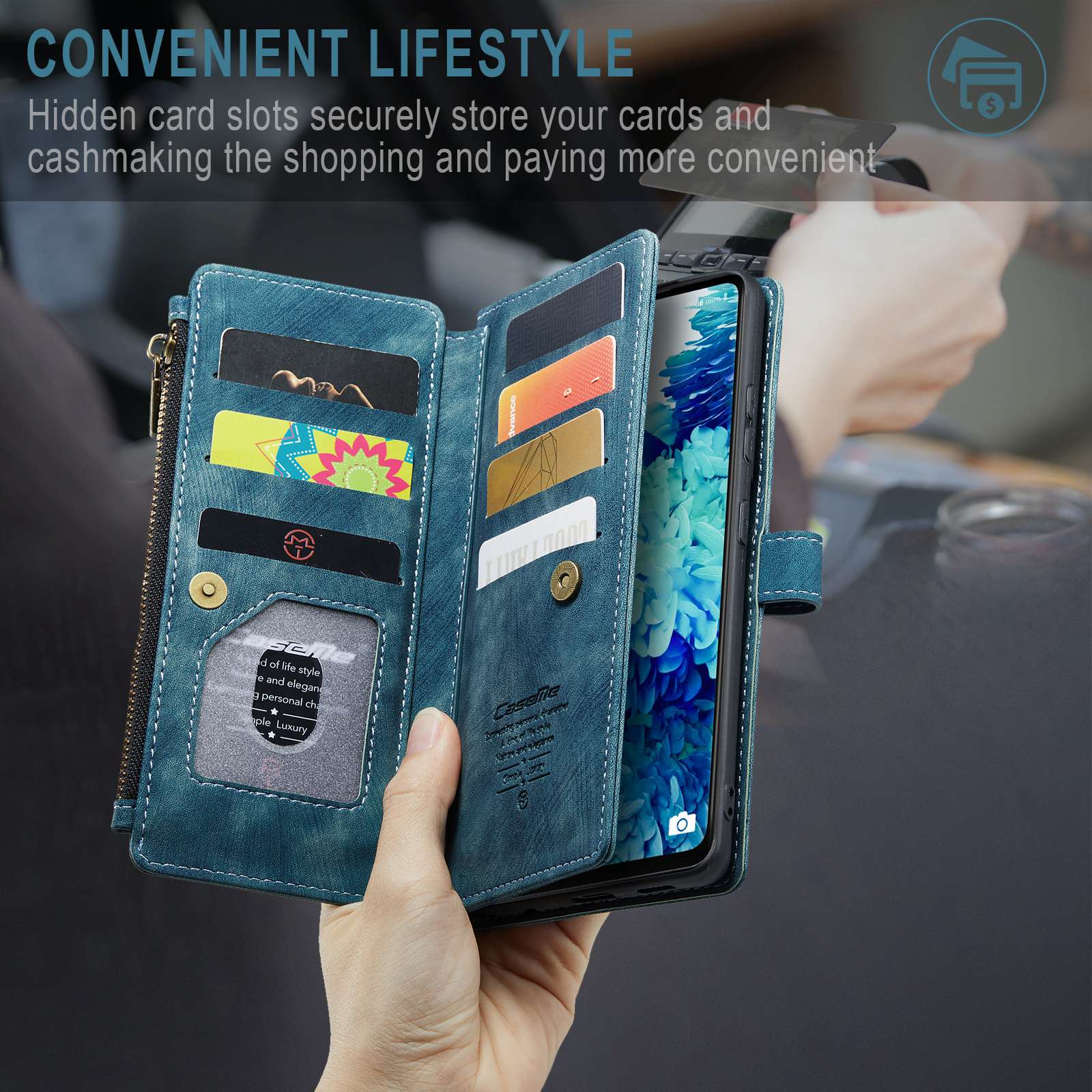 CASEME C30 Series Phone Wallet Case for Samsung Galaxy S20 FE 4G / 5G / S20 FE 2022 / S20 Lite, PU Leather Cover with Multiple Card Slots Zipper Pocket Phone Protective Shell - Blue