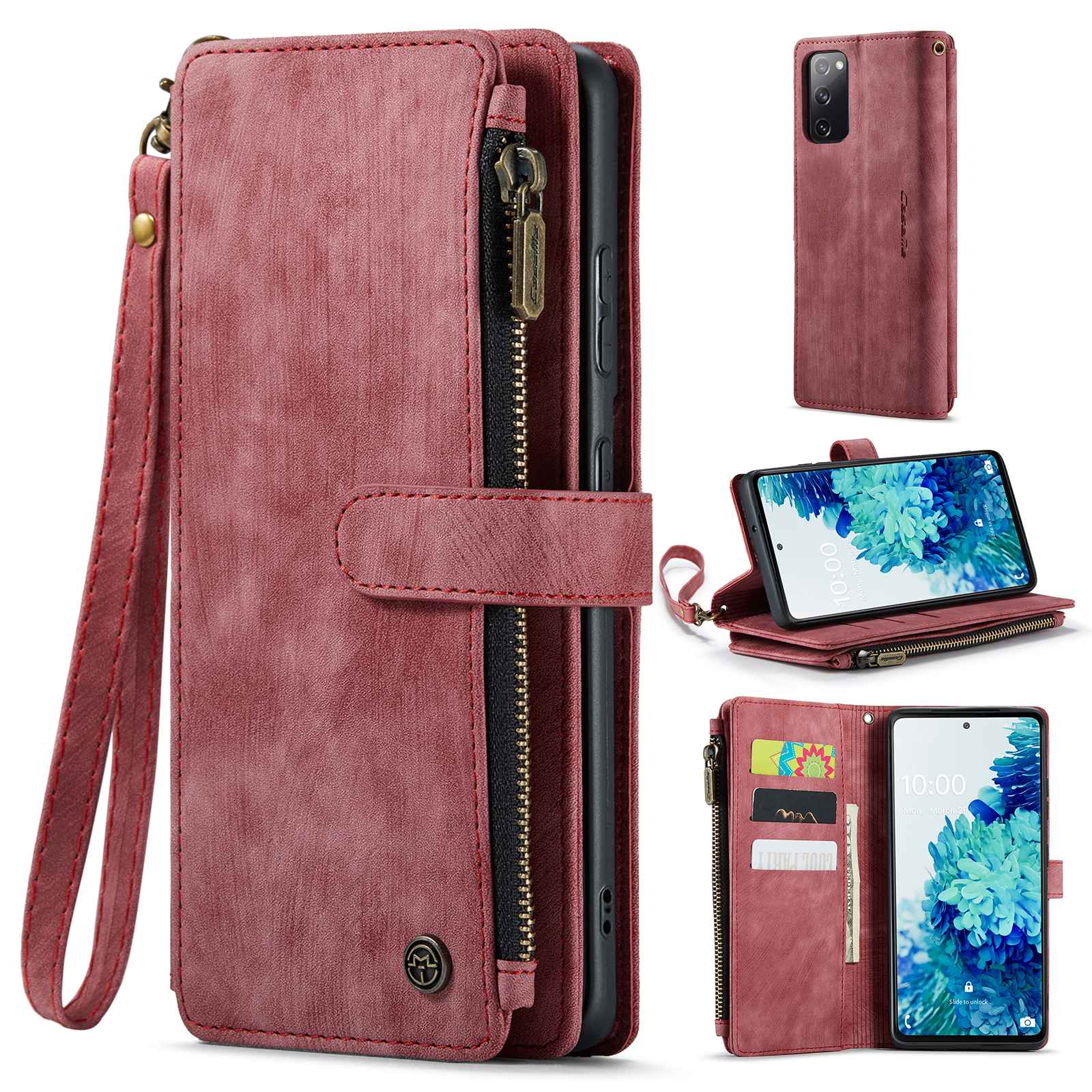 CASEME C30 Series Phone Wallet Case for Samsung Galaxy S20 FE 4G / 5G / S20 FE 2022 / S20 Lite, PU Leather Cover with Multiple Card Slots Zipper Pocket Phone Protective Shell - Red