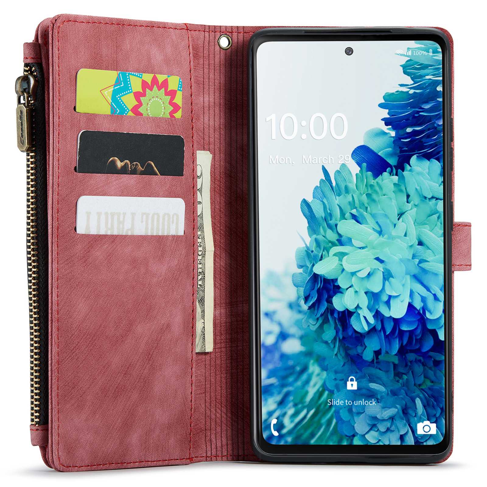 CASEME C30 Series Phone Wallet Case for Samsung Galaxy S20 FE 4G / 5G / S20 FE 2022 / S20 Lite, PU Leather Cover with Multiple Card Slots Zipper Pocket Phone Protective Shell - Red