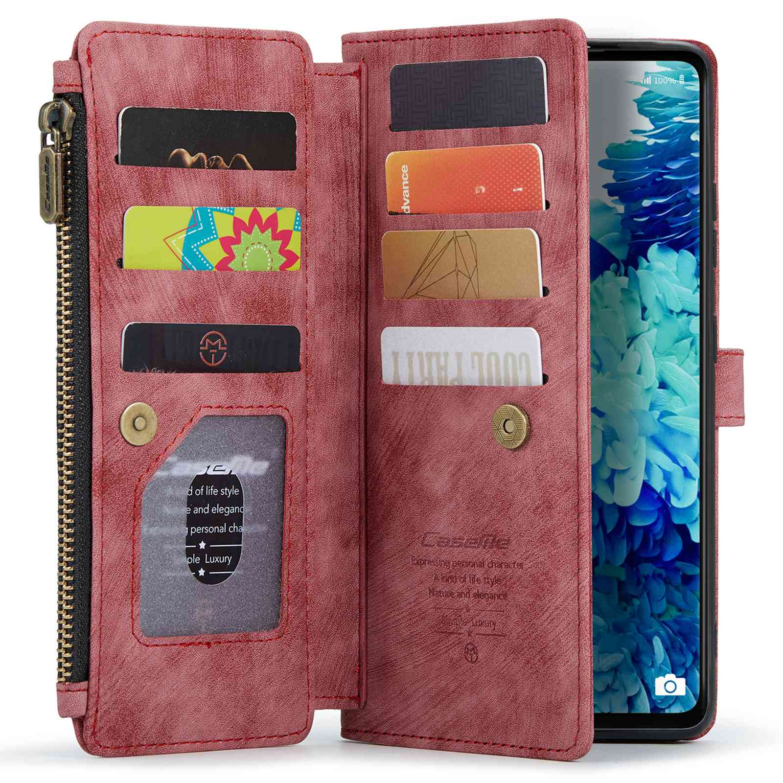 CASEME C30 Series Phone Wallet Case for Samsung Galaxy S20 FE 4G / 5G / S20 FE 2022 / S20 Lite, PU Leather Cover with Multiple Card Slots Zipper Pocket Phone Protective Shell - Red