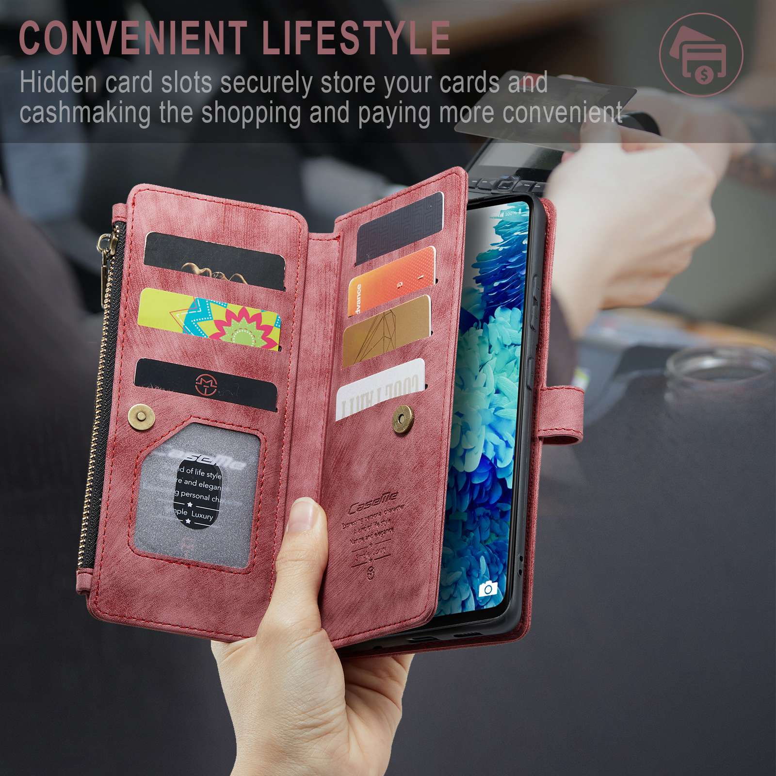 CASEME C30 Series Phone Wallet Case for Samsung Galaxy S20 FE 4G / 5G / S20 FE 2022 / S20 Lite, PU Leather Cover with Multiple Card Slots Zipper Pocket Phone Protective Shell - Red