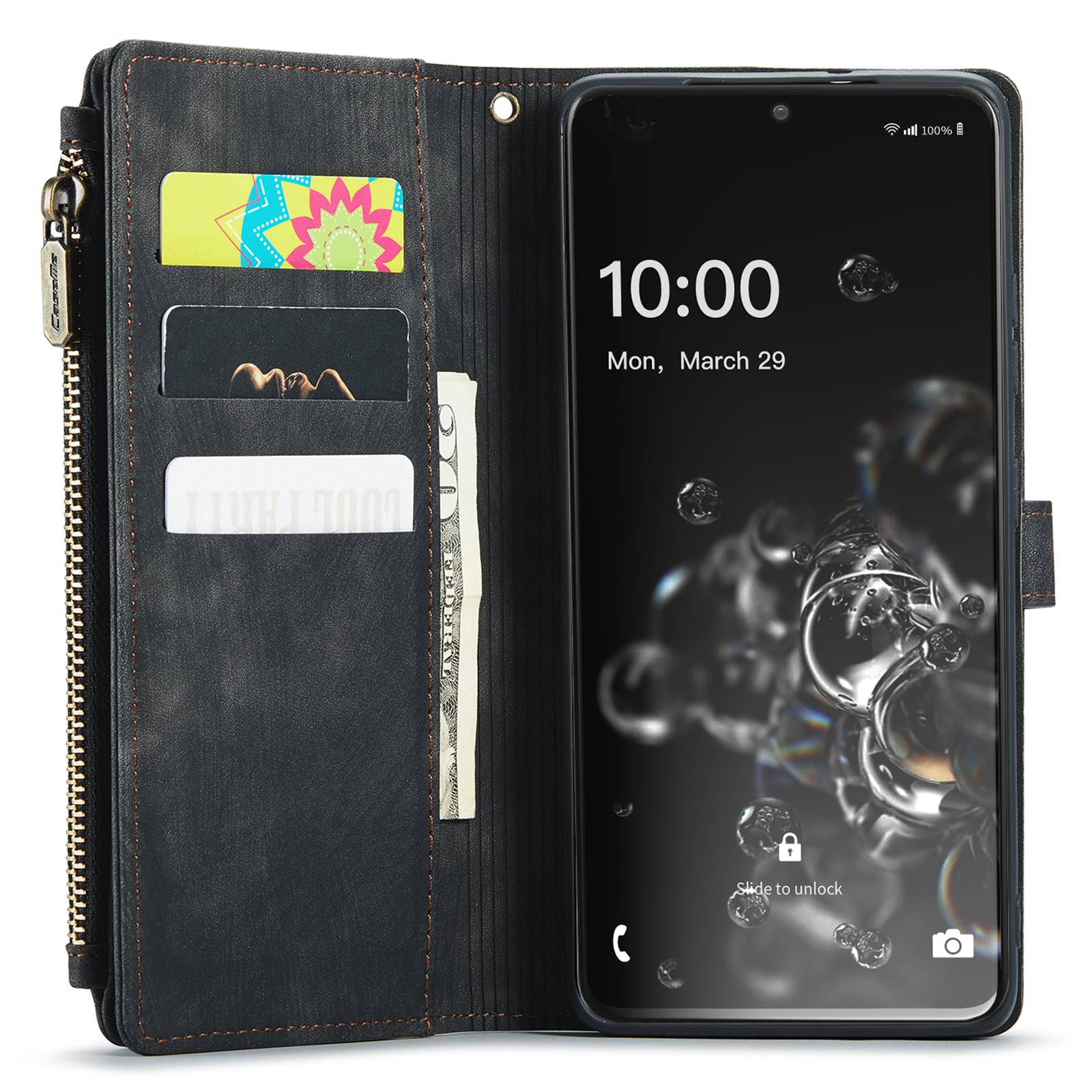 CASEME C30 Series Phone Wallet Case for Samsung Galaxy S20 Ultra 4G / 5G, Shockproof PU Leathe Zipper Pocket Mobile Phone Shell with Strap Card Holder - Black