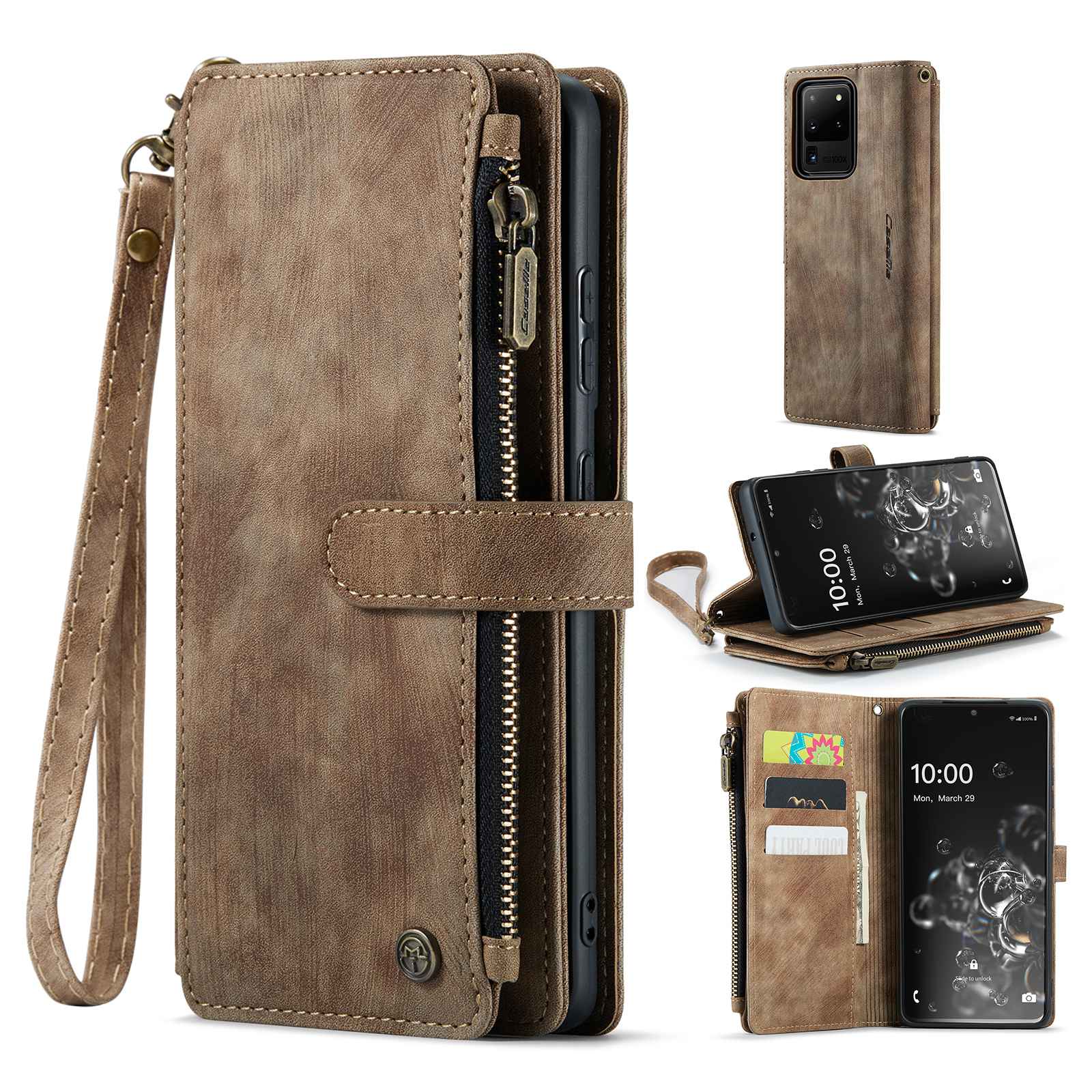 CASEME C30 Series Phone Wallet Case for Samsung Galaxy S20 Ultra 4G / 5G, Shockproof PU Leathe Zipper Pocket Mobile Phone Shell with Strap Card Holder - Brown