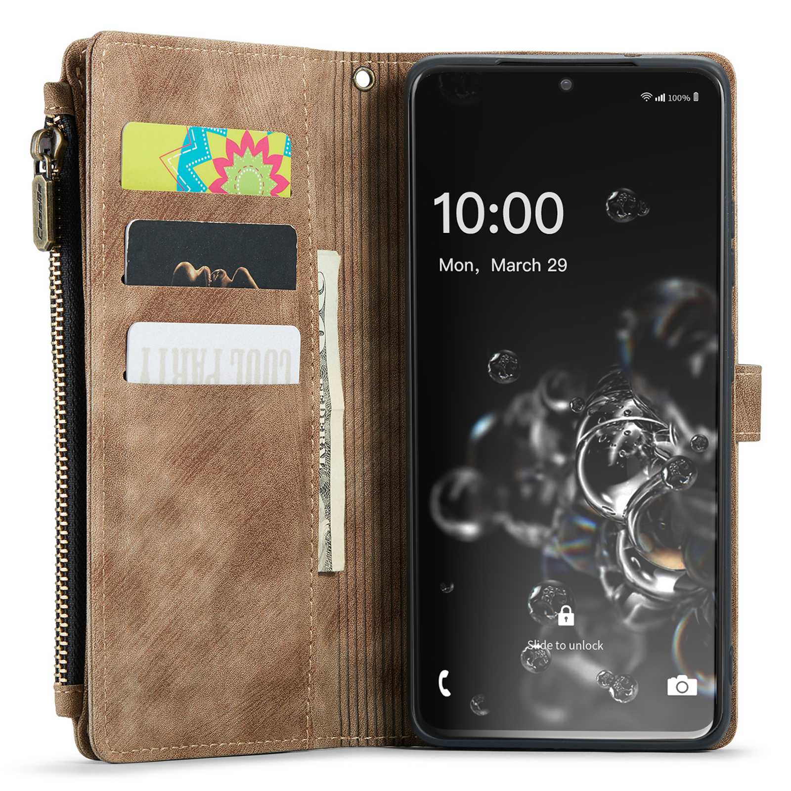 CASEME C30 Series Phone Wallet Case for Samsung Galaxy S20 Ultra 4G / 5G, Shockproof PU Leathe Zipper Pocket Mobile Phone Shell with Strap Card Holder - Brown