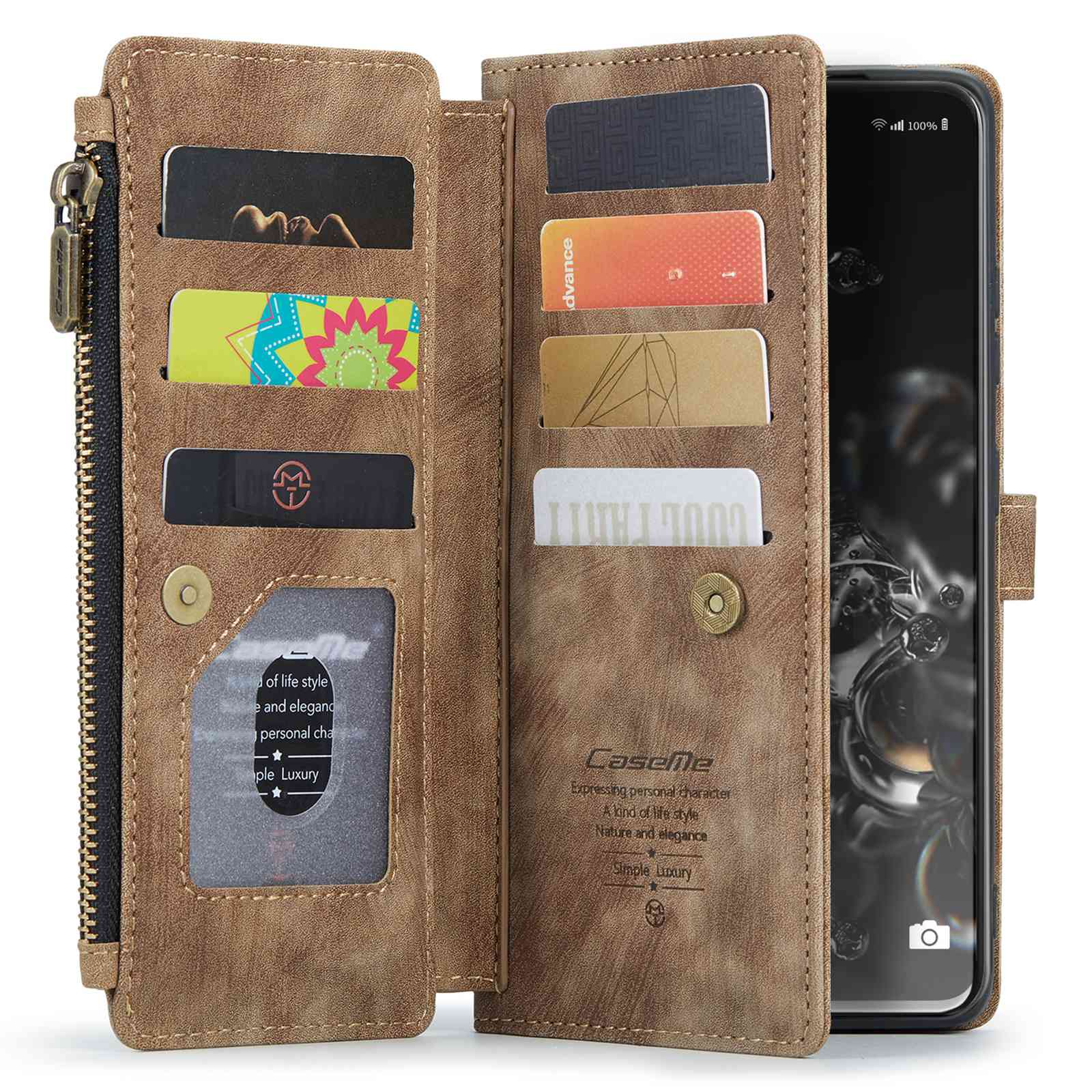 CASEME C30 Series Phone Wallet Case for Samsung Galaxy S20 Ultra 4G / 5G, Shockproof PU Leathe Zipper Pocket Mobile Phone Shell with Strap Card Holder - Brown