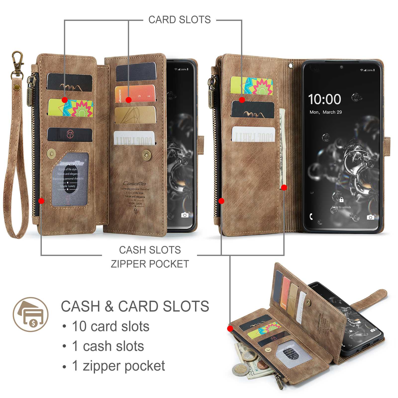 CASEME C30 Series Phone Wallet Case for Samsung Galaxy S20 Ultra 4G / 5G, Shockproof PU Leathe Zipper Pocket Mobile Phone Shell with Strap Card Holder - Brown