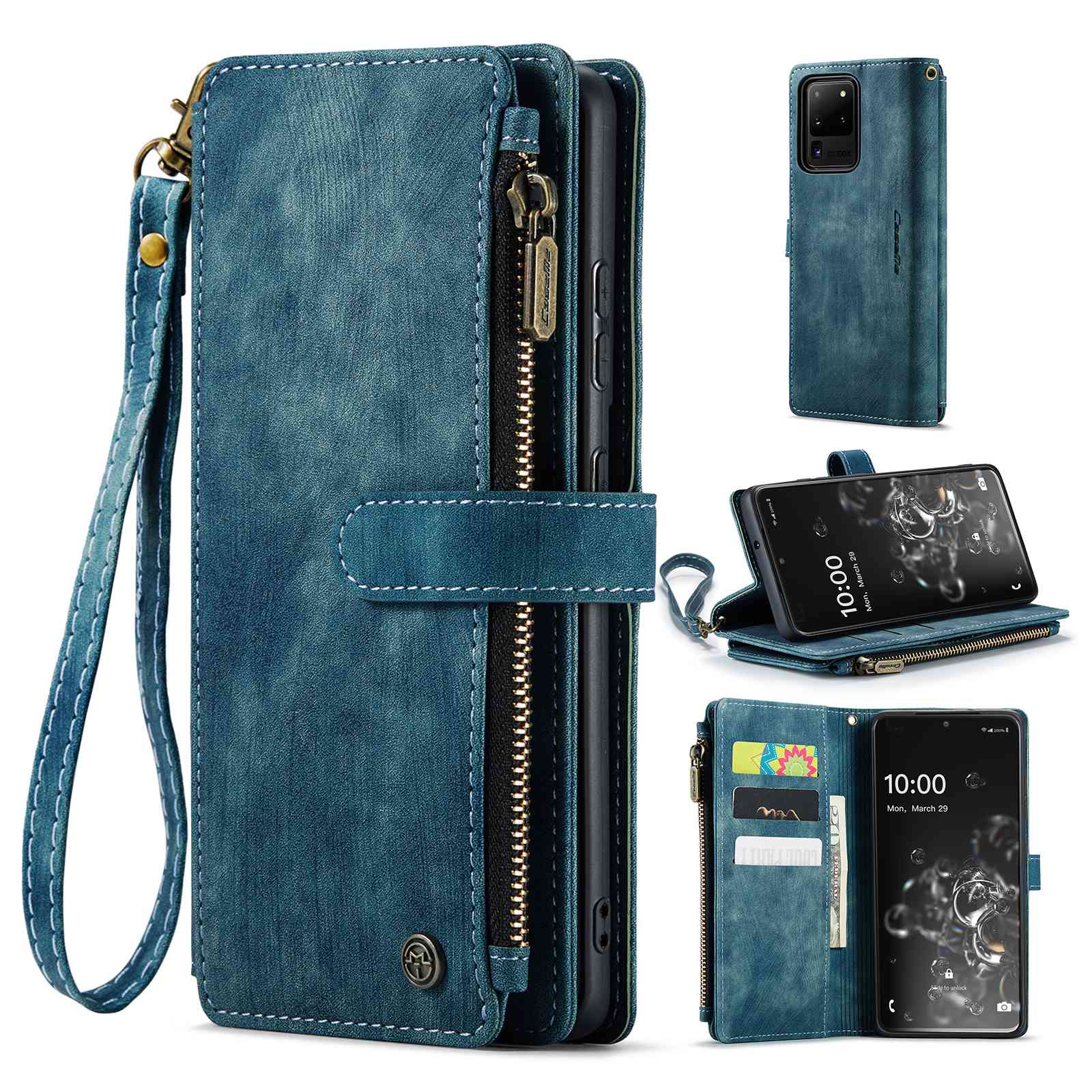 CASEME C30 Series Phone Wallet Case for Samsung Galaxy S20 Ultra 4G / 5G, Shockproof PU Leathe Zipper Pocket Mobile Phone Shell with Strap Card Holder - Blue