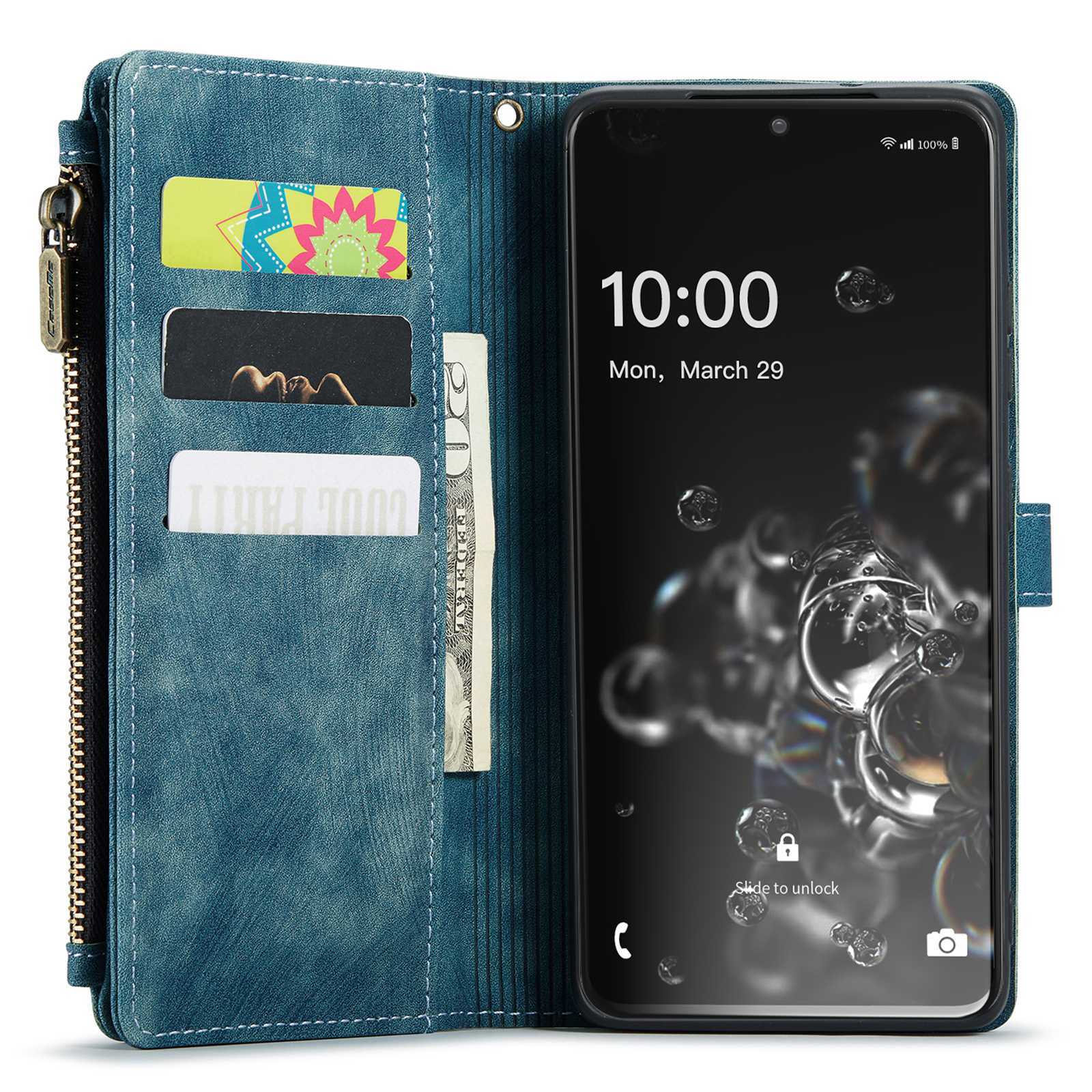 CASEME C30 Series Phone Wallet Case for Samsung Galaxy S20 Ultra 4G / 5G, Shockproof PU Leathe Zipper Pocket Mobile Phone Shell with Strap Card Holder - Blue