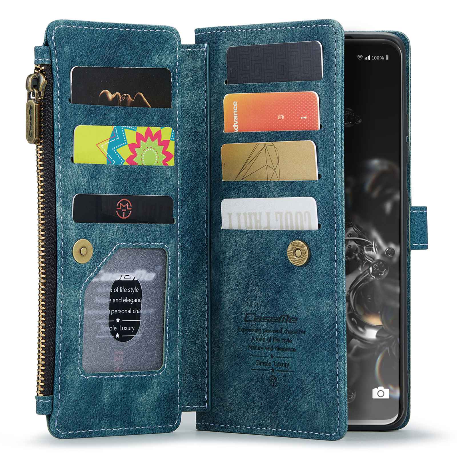 CASEME C30 Series Phone Wallet Case for Samsung Galaxy S20 Ultra 4G / 5G, Shockproof PU Leathe Zipper Pocket Mobile Phone Shell with Strap Card Holder - Blue