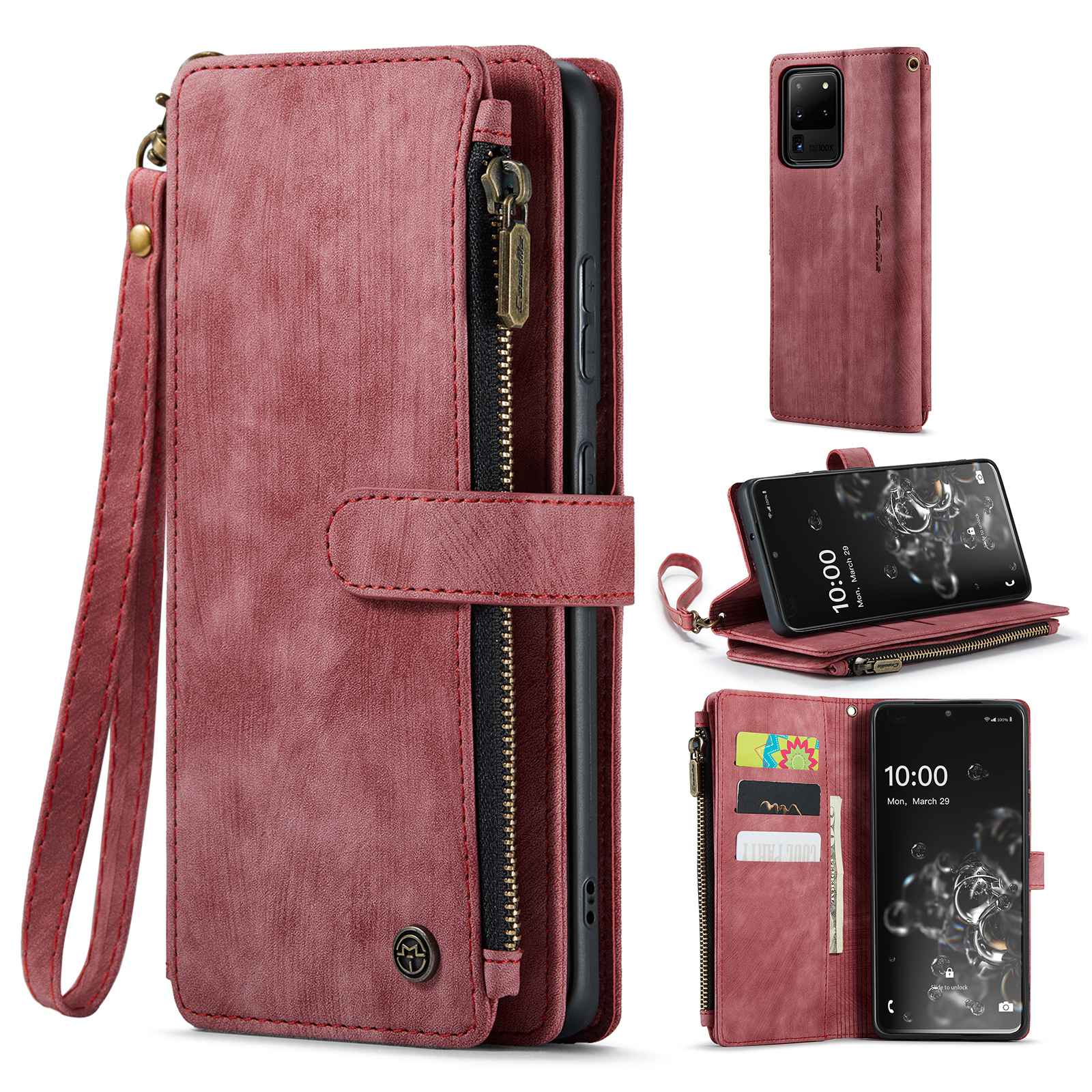 CASEME C30 Series Phone Wallet Case for Samsung Galaxy S20 Ultra 4G / 5G, Shockproof PU Leathe Zipper Pocket Mobile Phone Shell with Strap Card Holder - Red