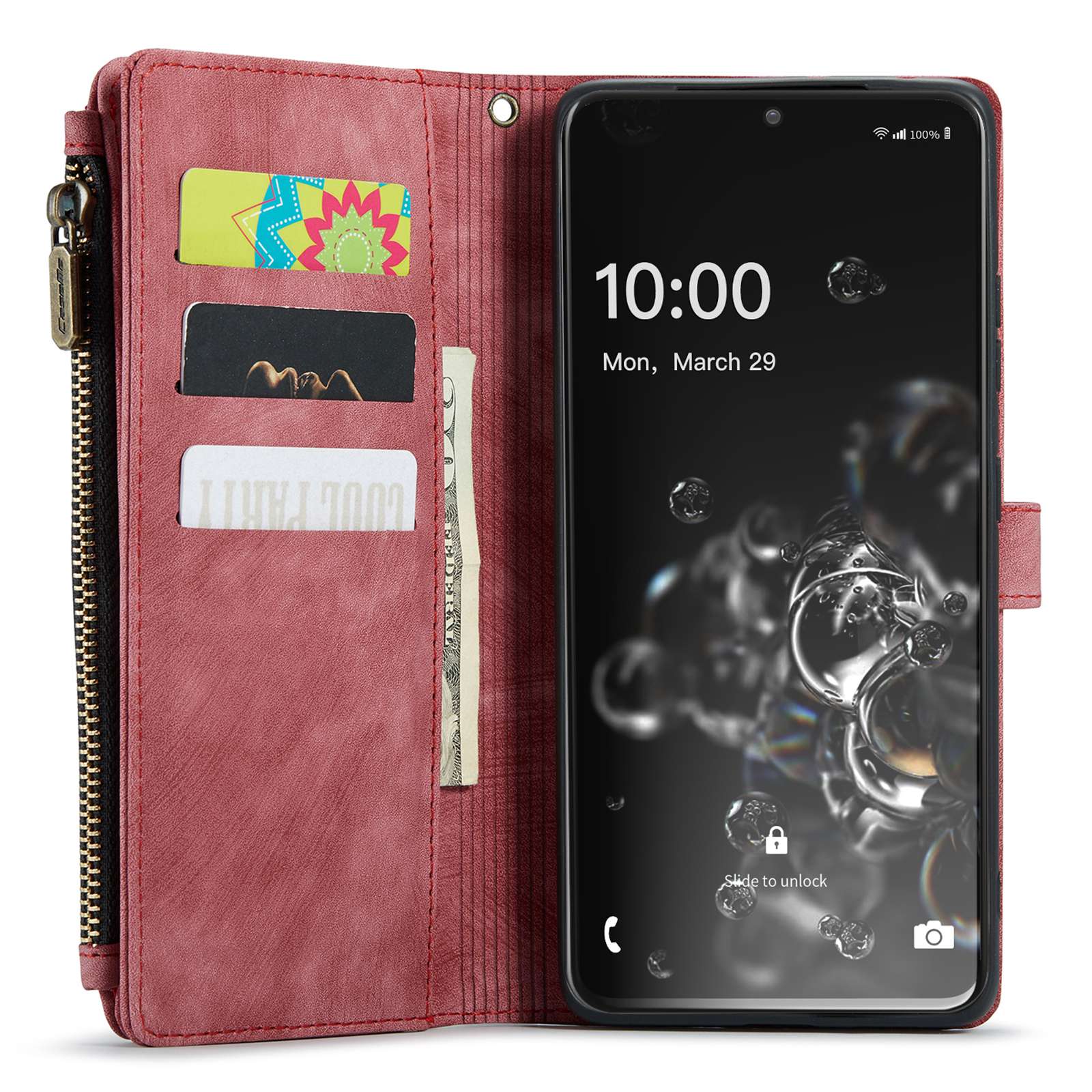 CASEME C30 Series Phone Wallet Case for Samsung Galaxy S20 Ultra 4G / 5G, Shockproof PU Leathe Zipper Pocket Mobile Phone Shell with Strap Card Holder - Red