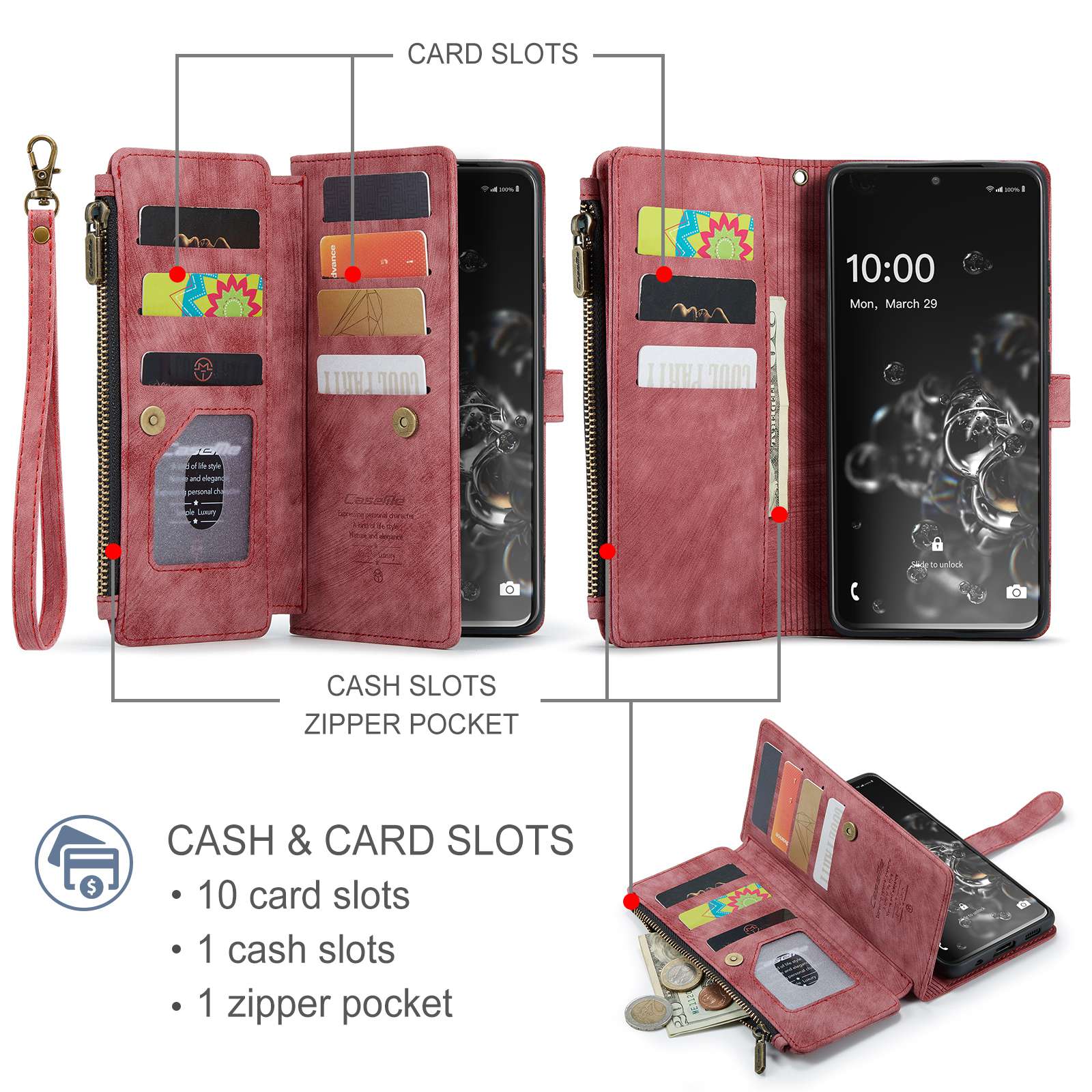 CASEME C30 Series Phone Wallet Case for Samsung Galaxy S20 Ultra 4G / 5G, Shockproof PU Leathe Zipper Pocket Mobile Phone Shell with Strap Card Holder - Red