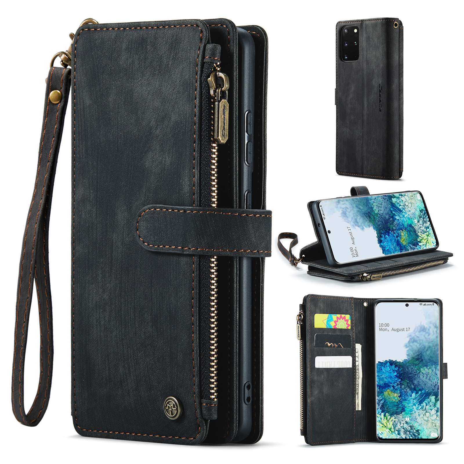 CASEME C30 Series Phone Case for Samsung Galaxy S20 Plus 4G / 5G, PU Leather Wallet Cover with Multiple Card Slots Wear-resistant Zipper Pocket Phone Shell - Black