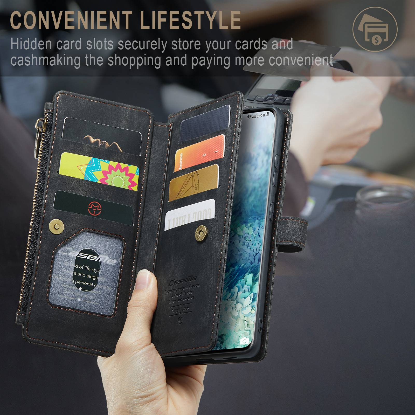 CASEME C30 Series Phone Case for Samsung Galaxy S20 Plus 4G / 5G, PU Leather Wallet Cover with Multiple Card Slots Wear-resistant Zipper Pocket Phone Shell - Black