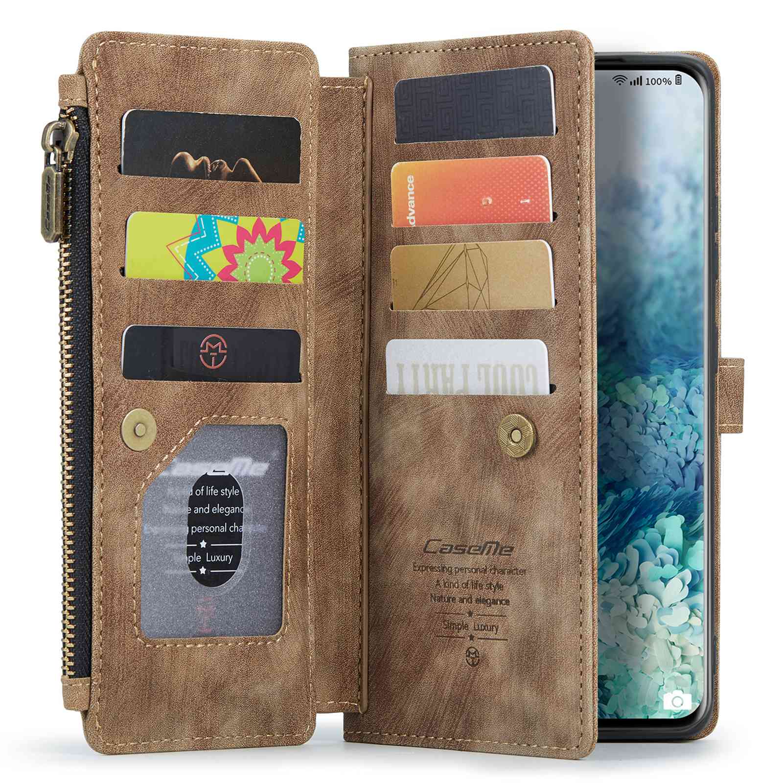 CASEME C30 Series Phone Case for Samsung Galaxy S20 Plus 4G / 5G, PU Leather Wallet Cover with Multiple Card Slots Wear-resistant Zipper Pocket Phone Shell - Brown