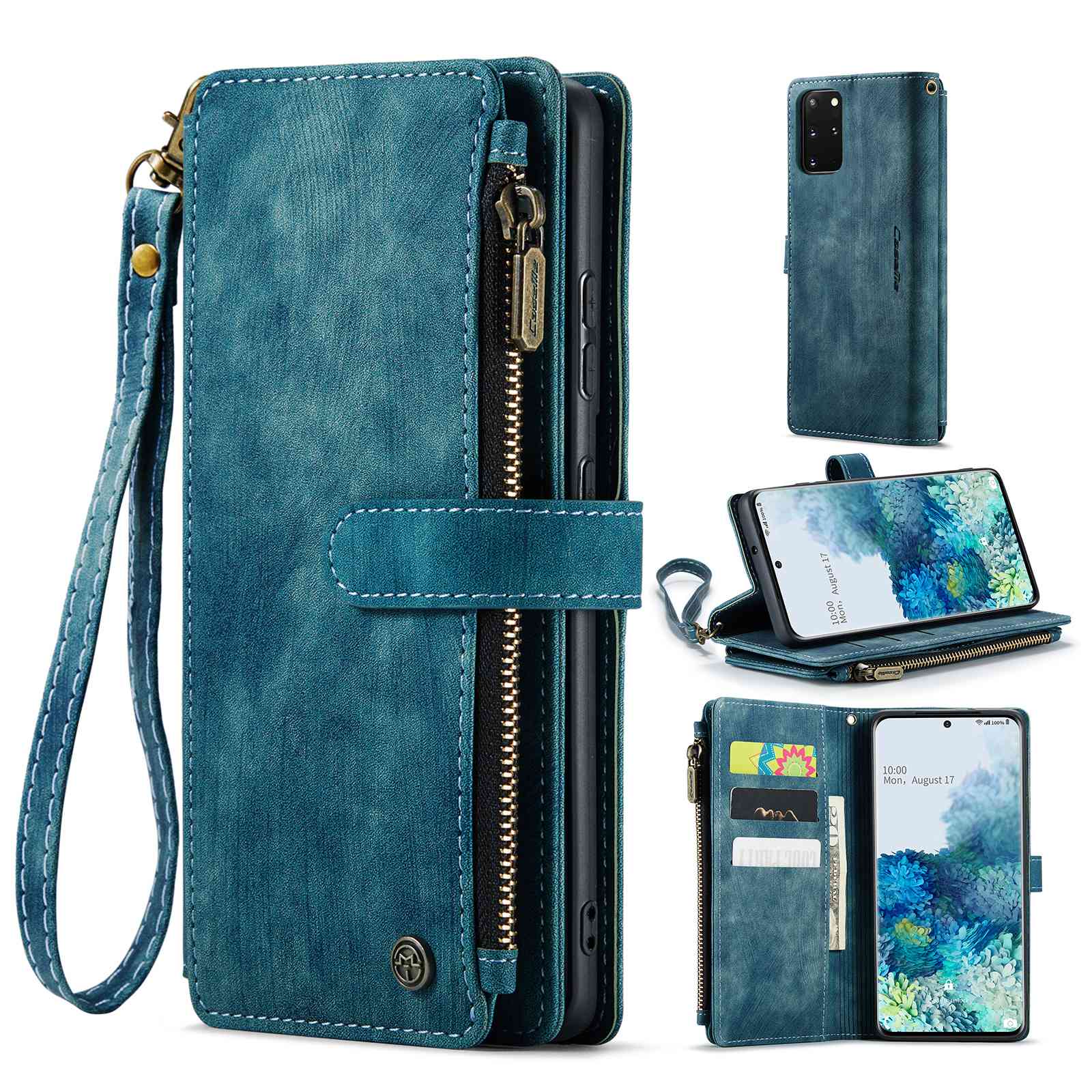 CASEME C30 Series Phone Case for Samsung Galaxy S20 Plus 4G / 5G, PU Leather Wallet Cover with Multiple Card Slots Wear-resistant Zipper Pocket Phone Shell - Blue