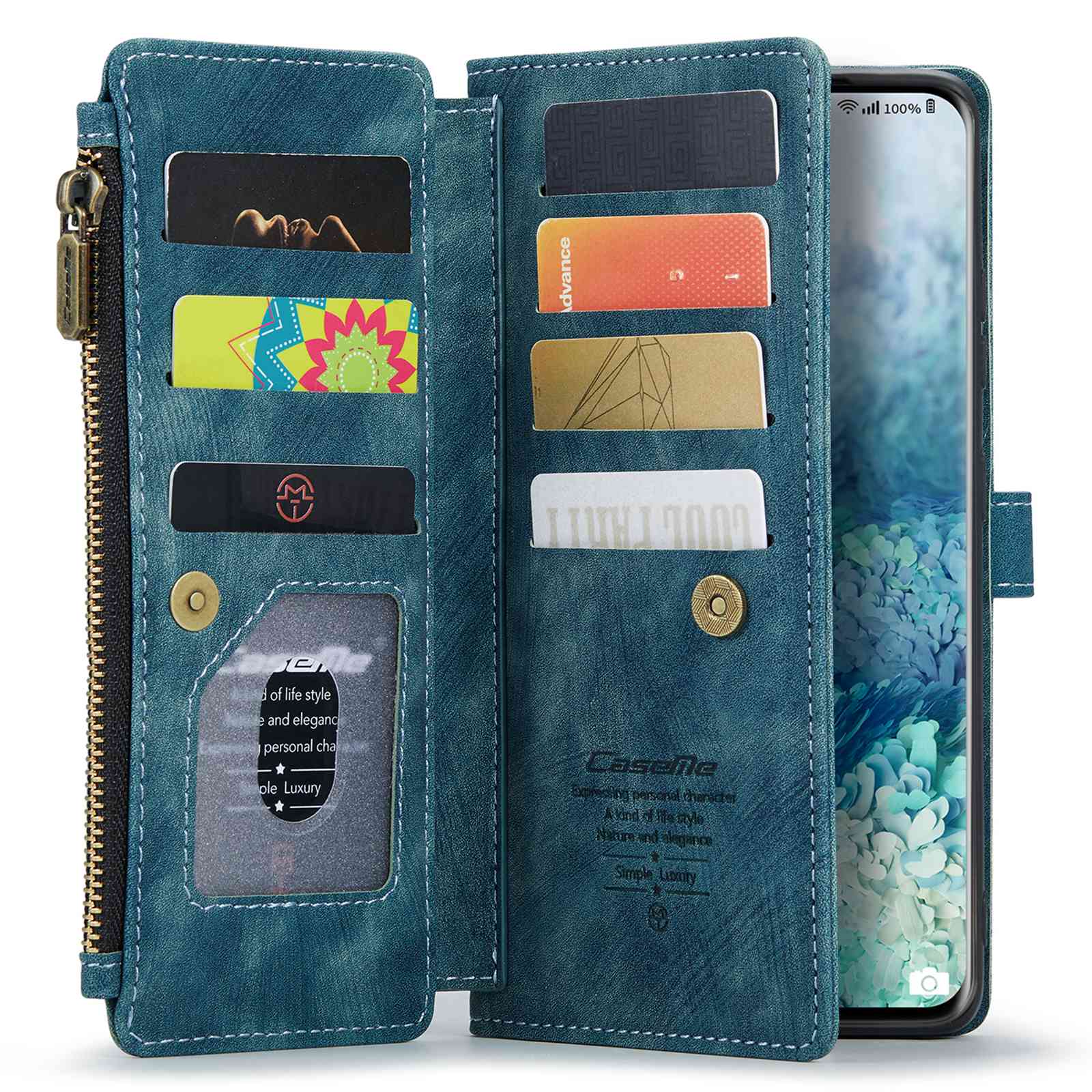 CASEME C30 Series Phone Case for Samsung Galaxy S20 Plus 4G / 5G, PU Leather Wallet Cover with Multiple Card Slots Wear-resistant Zipper Pocket Phone Shell - Blue