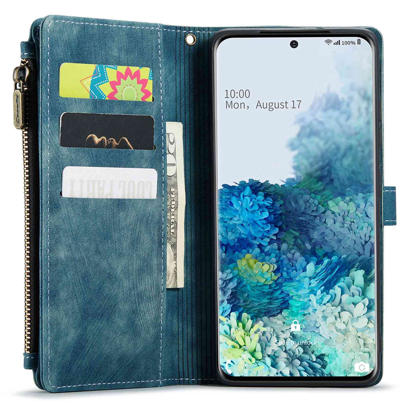 CASEME C30 Series Phone Case for Samsung Galaxy S20 Plus 4G / 5G, PU Leather Wallet Cover with Multiple Card Slots Wear-resistant Zipper Pocket Phone Shell - Blue