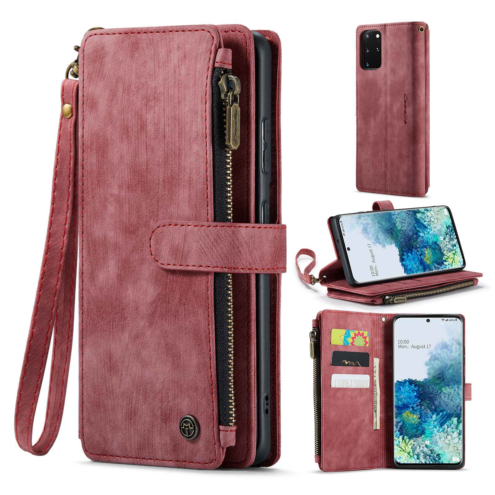 CASEME C30 Series Phone Case for Samsung Galaxy S20 Plus 4G / 5G, PU Leather Wallet Cover with Multiple Card Slots Wear-resistant Zipper Pocket Phone Shell - Red