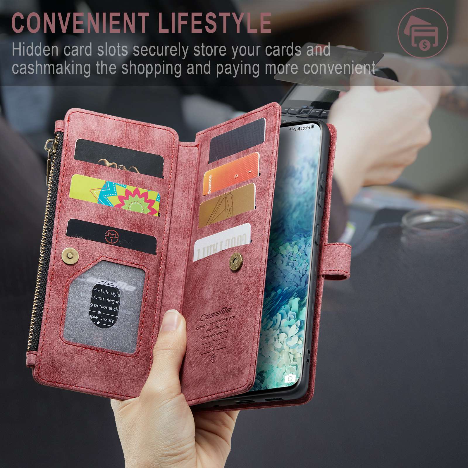 CASEME C30 Series Phone Case for Samsung Galaxy S20 Plus 4G / 5G, PU Leather Wallet Cover with Multiple Card Slots Wear-resistant Zipper Pocket Phone Shell - Red