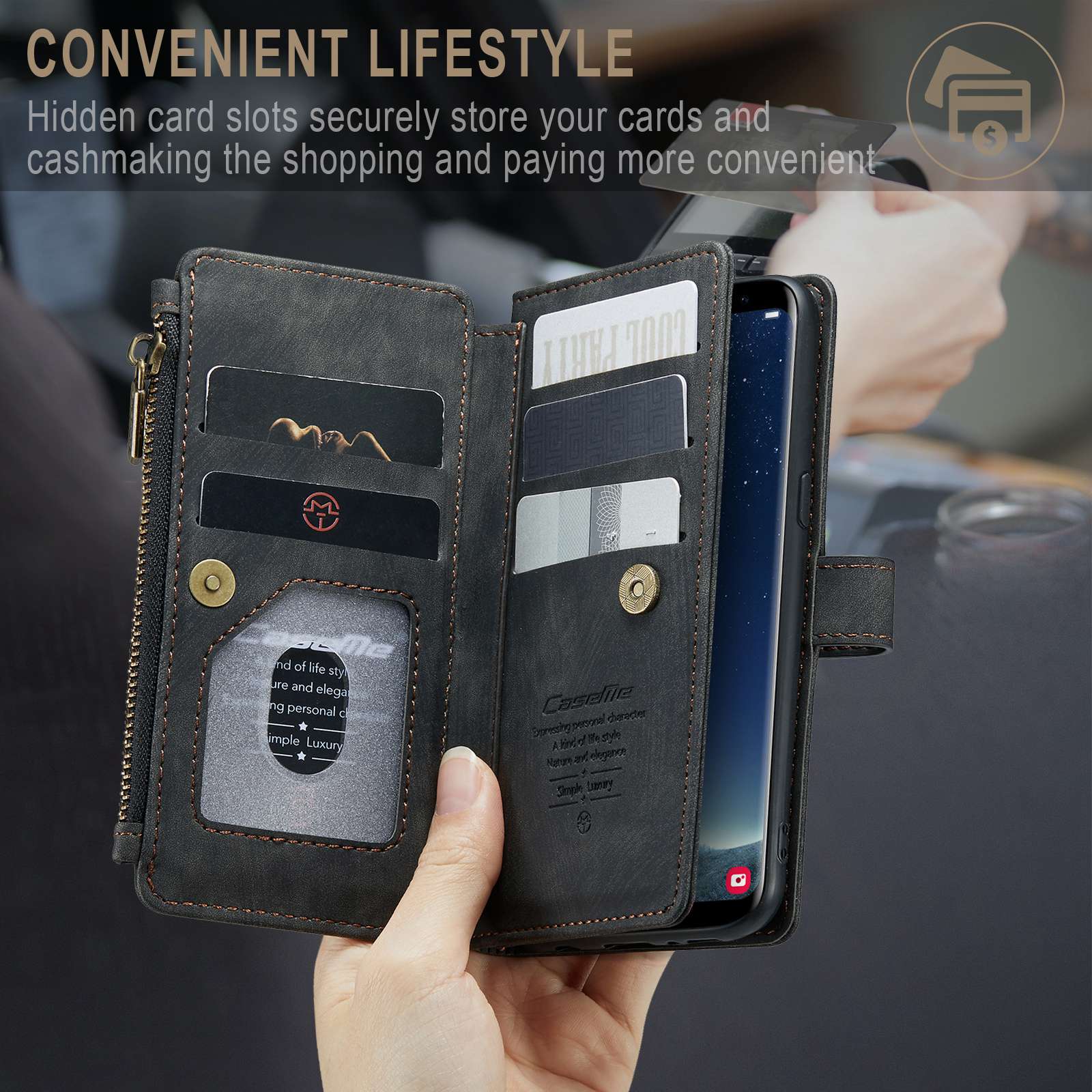 CASEME C30 Series Anti-drop Phone Case for Samsung Galaxy S20 4G / 5G, Wallet Stand PU Leather Zipper Pocket Phone Cover - Black