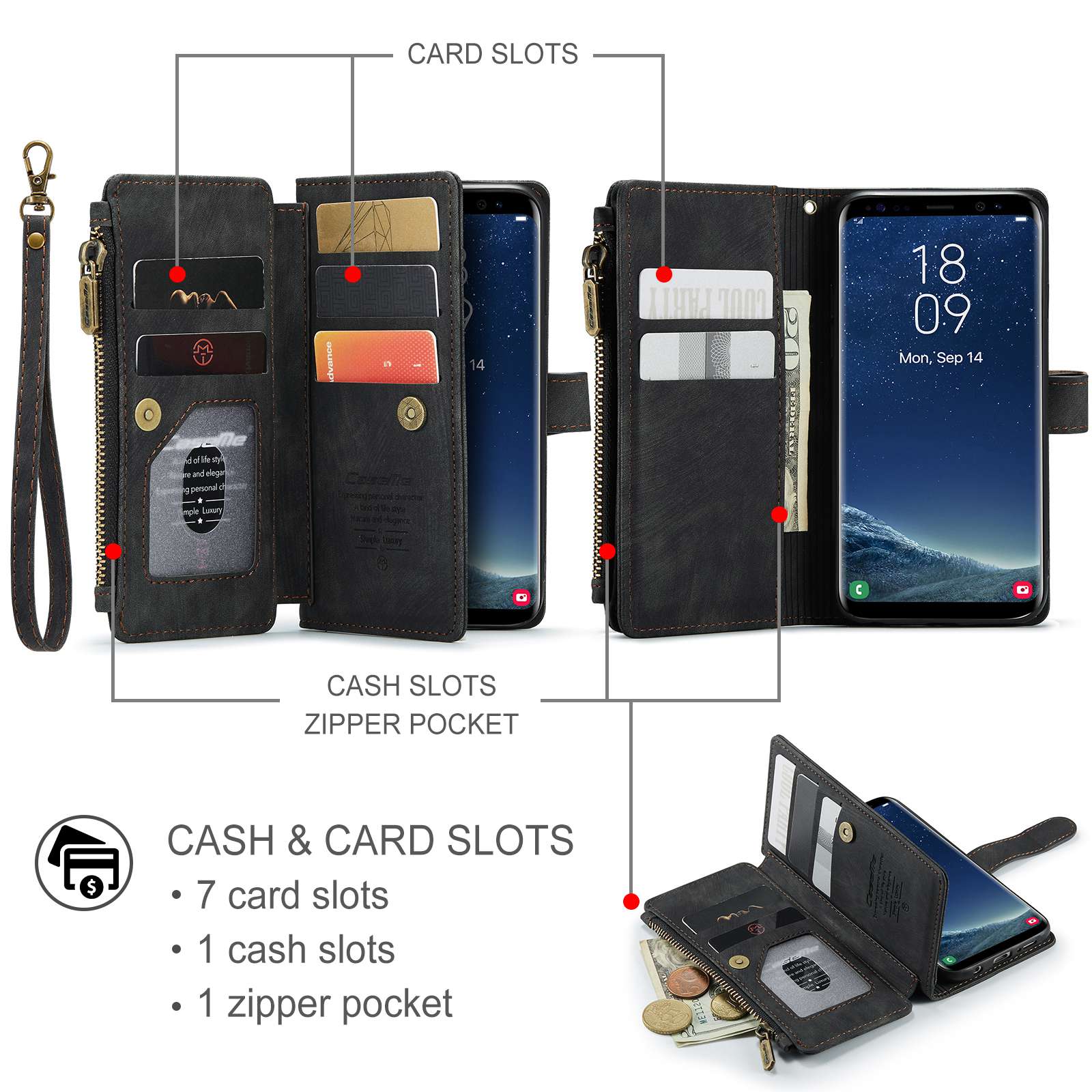 CASEME C30 Series Anti-drop Phone Case for Samsung Galaxy S20 4G / 5G, Wallet Stand PU Leather Zipper Pocket Phone Cover - Black