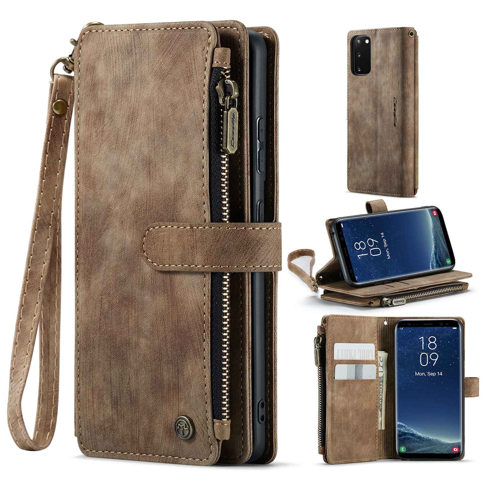 CASEME C30 Series Anti-drop Phone Case for Samsung Galaxy S20 4G / 5G, Wallet Stand PU Leather Zipper Pocket Phone Cover - Brown