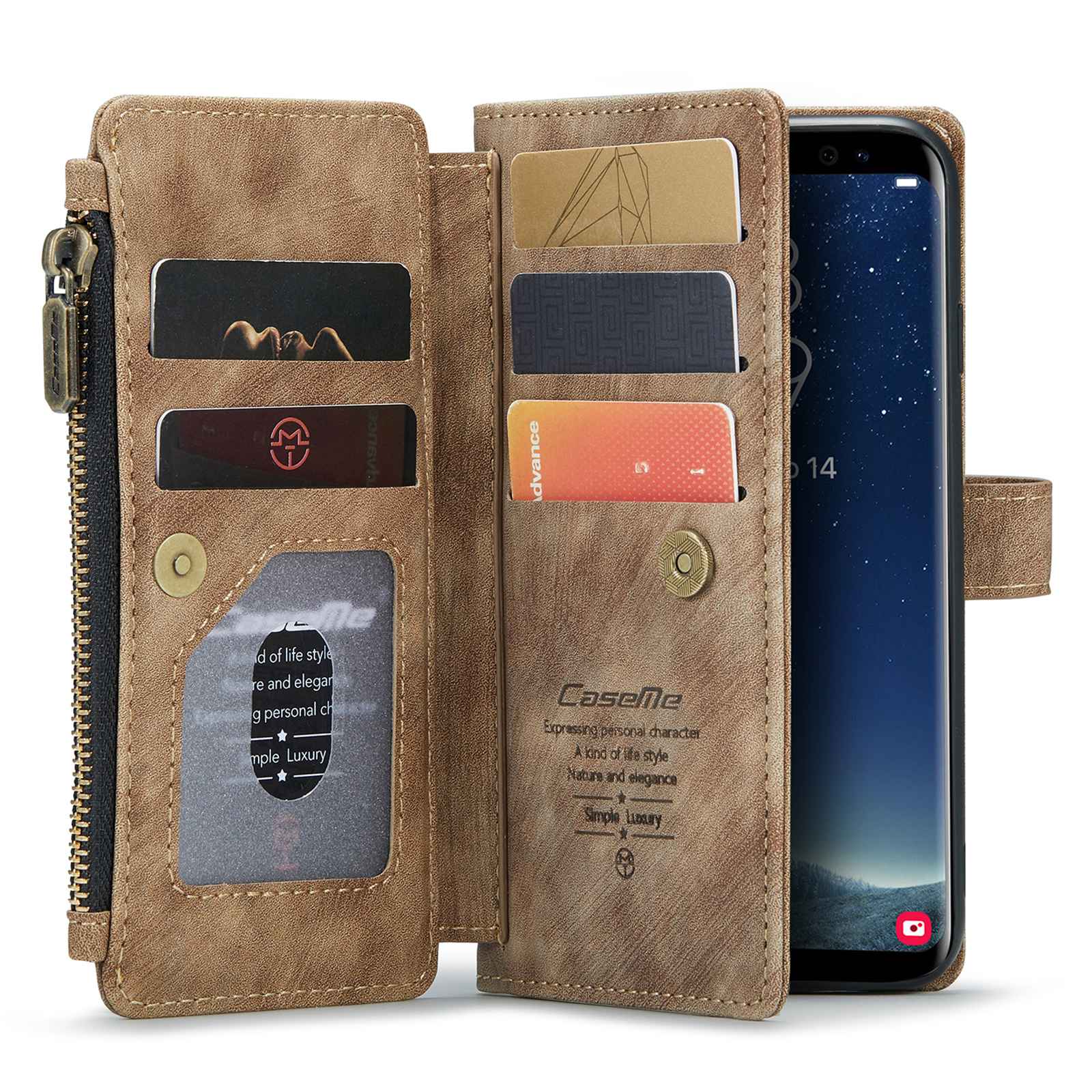 CASEME C30 Series Anti-drop Phone Case for Samsung Galaxy S20 4G / 5G, Wallet Stand PU Leather Zipper Pocket Phone Cover - Brown