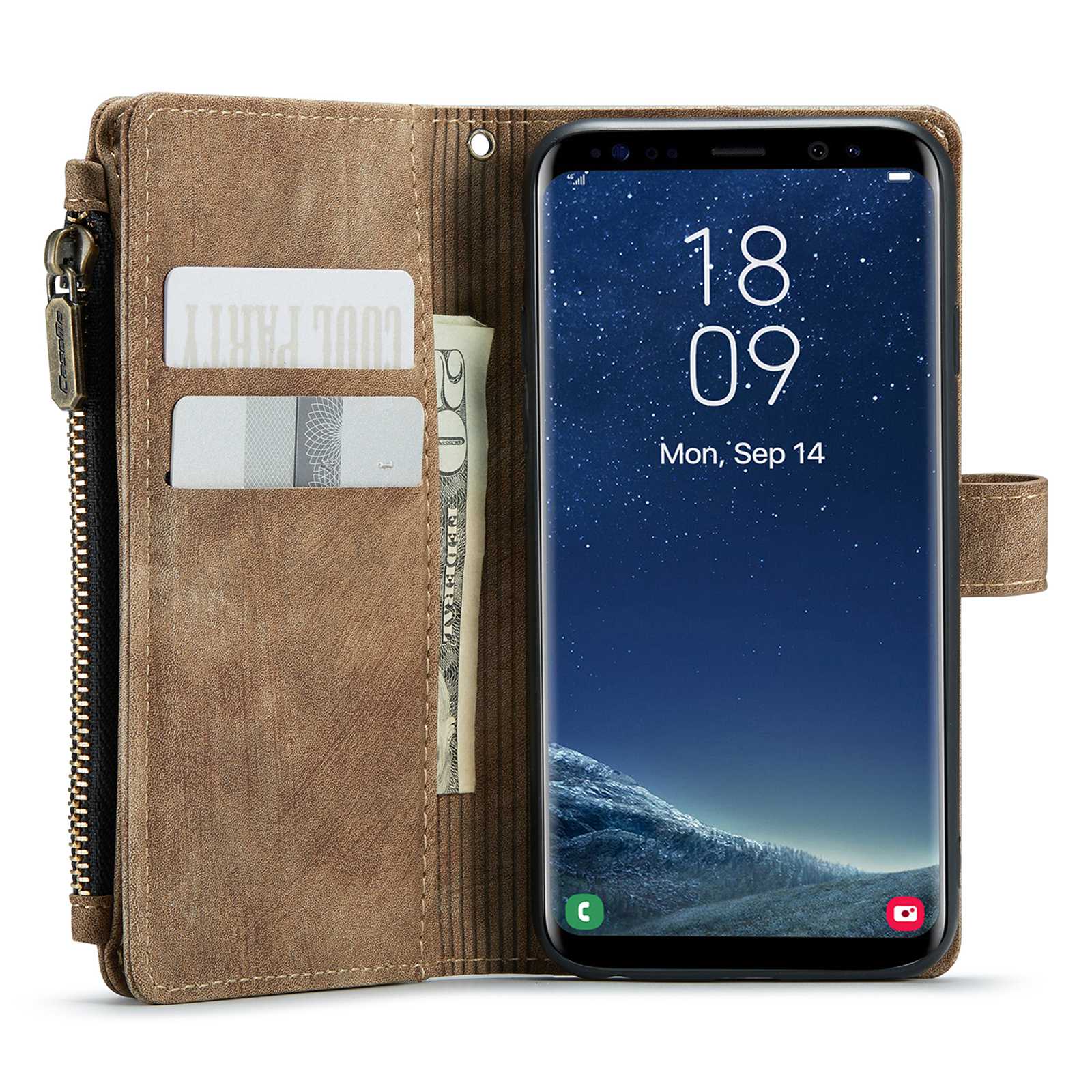 CASEME C30 Series Anti-drop Phone Case for Samsung Galaxy S20 4G / 5G, Wallet Stand PU Leather Zipper Pocket Phone Cover - Brown