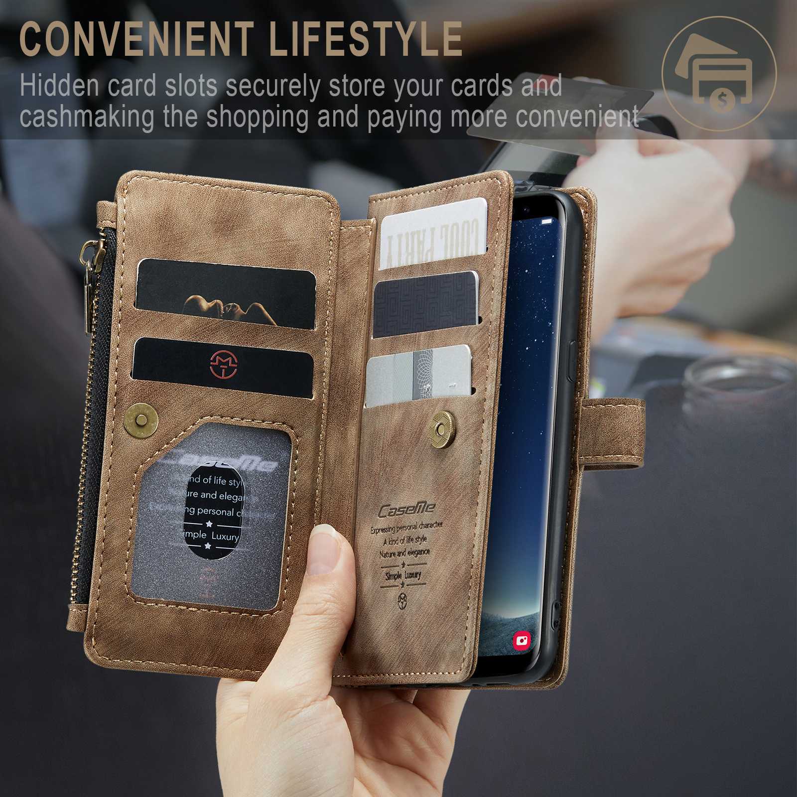 CASEME C30 Series Anti-drop Phone Case for Samsung Galaxy S20 4G / 5G, Wallet Stand PU Leather Zipper Pocket Phone Cover - Brown