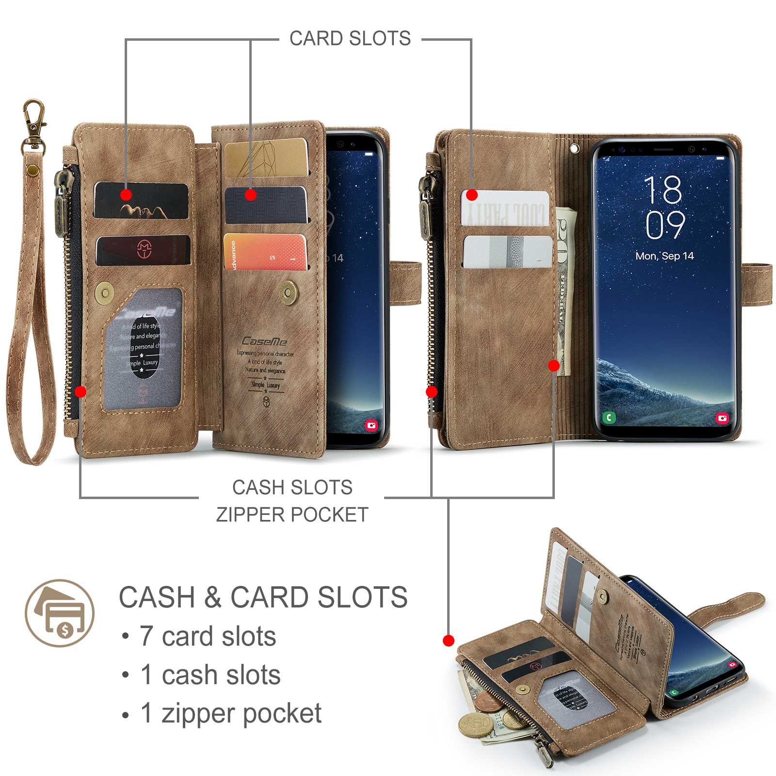 CASEME C30 Series Anti-drop Phone Case for Samsung Galaxy S20 4G / 5G, Wallet Stand PU Leather Zipper Pocket Phone Cover - Brown