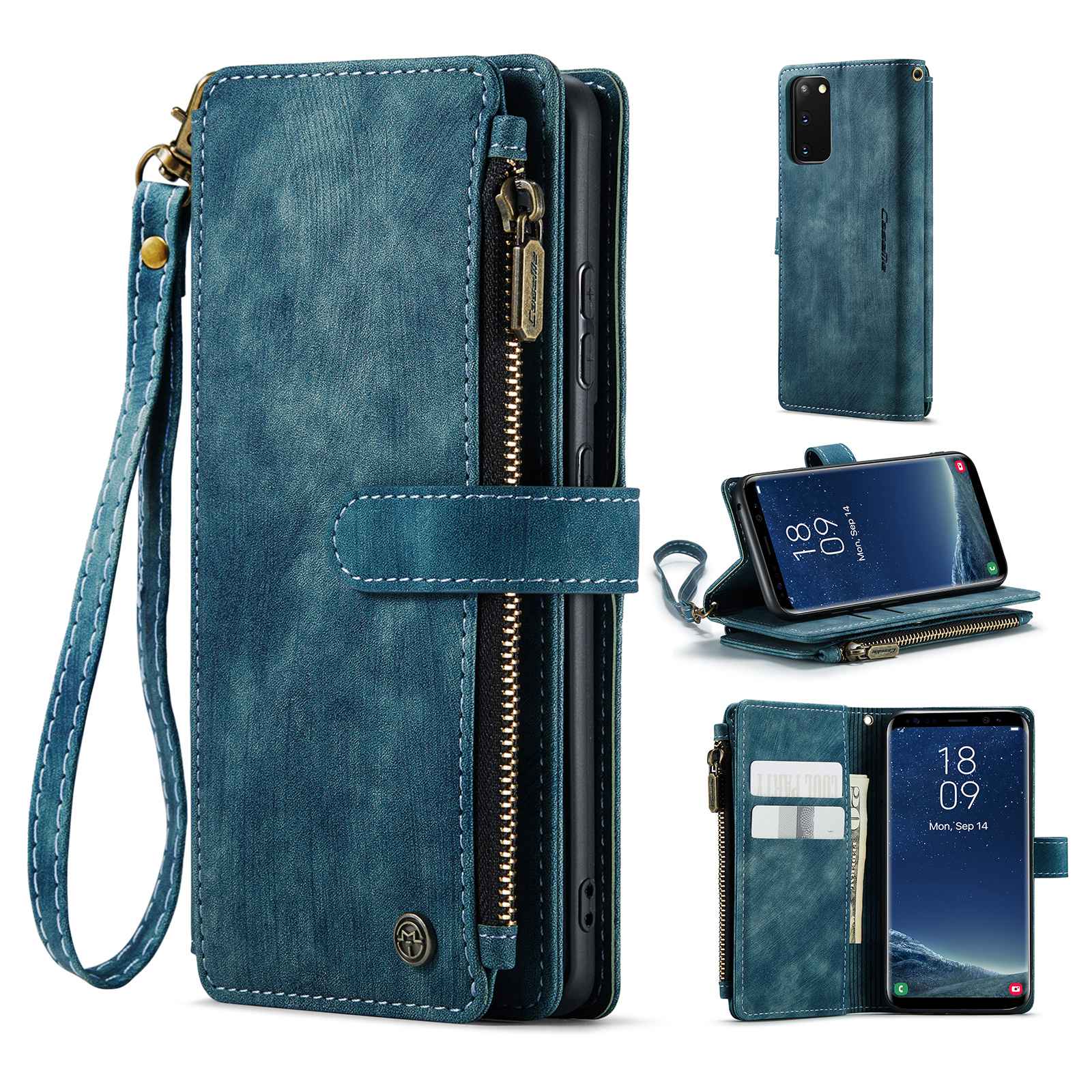 CASEME C30 Series Anti-drop Phone Case for Samsung Galaxy S20 4G / 5G, Wallet Stand PU Leather Zipper Pocket Phone Cover - Blue