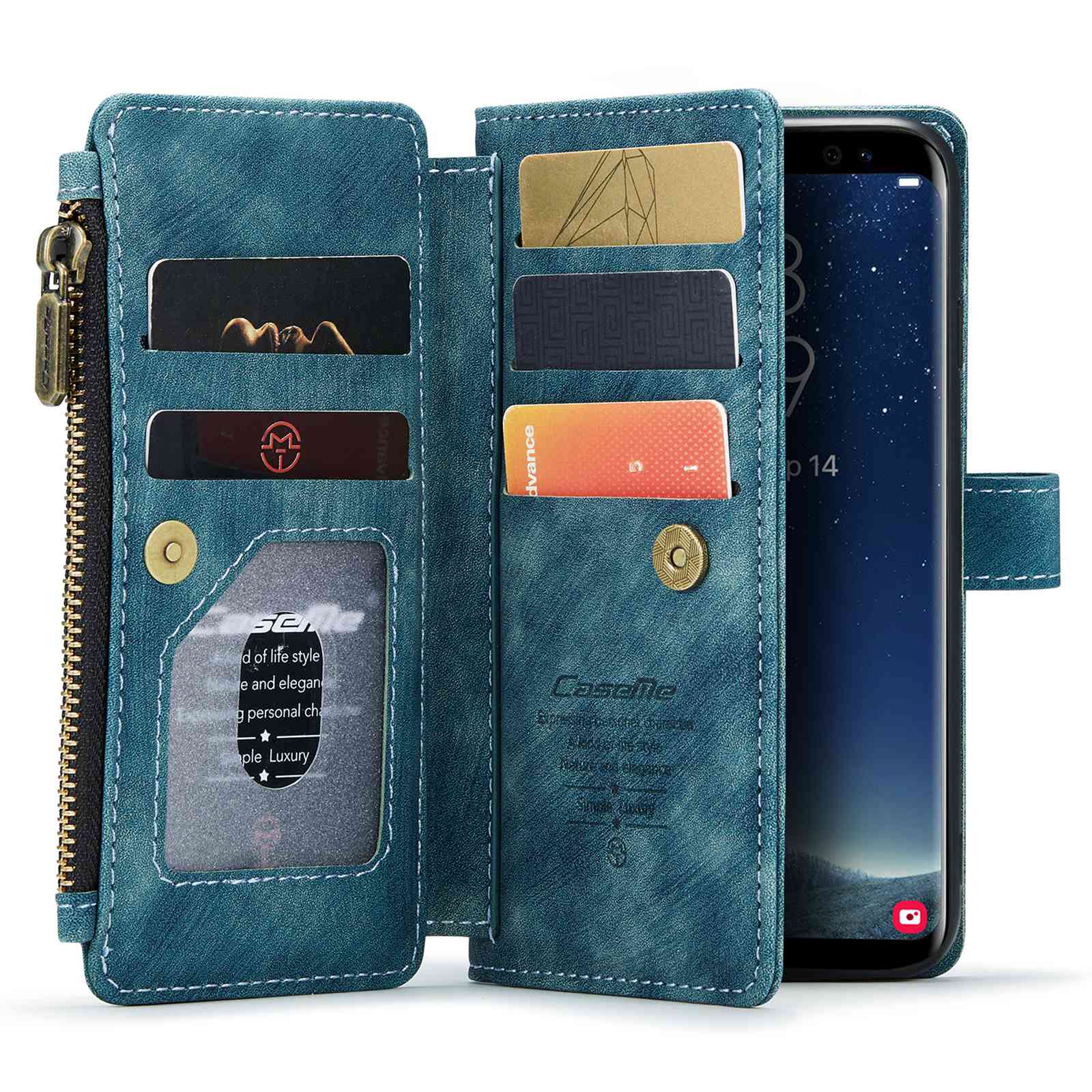 CASEME C30 Series Anti-drop Phone Case for Samsung Galaxy S20 4G / 5G, Wallet Stand PU Leather Zipper Pocket Phone Cover - Blue