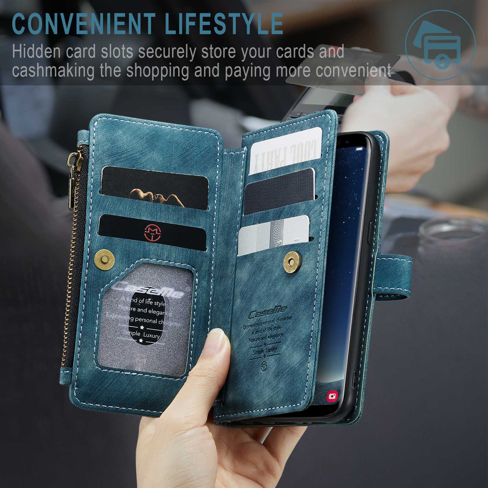 CASEME C30 Series Anti-drop Phone Case for Samsung Galaxy S20 4G / 5G, Wallet Stand PU Leather Zipper Pocket Phone Cover - Blue