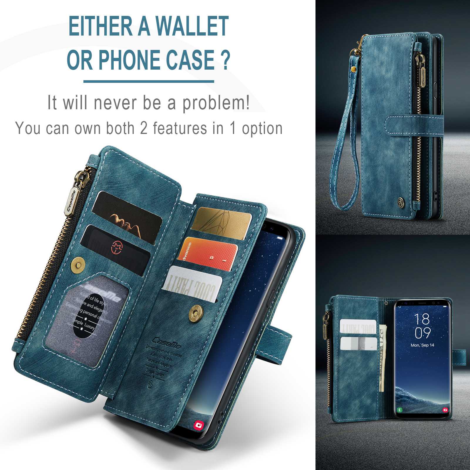 CASEME C30 Series Anti-drop Phone Case for Samsung Galaxy S20 4G / 5G, Wallet Stand PU Leather Zipper Pocket Phone Cover - Blue