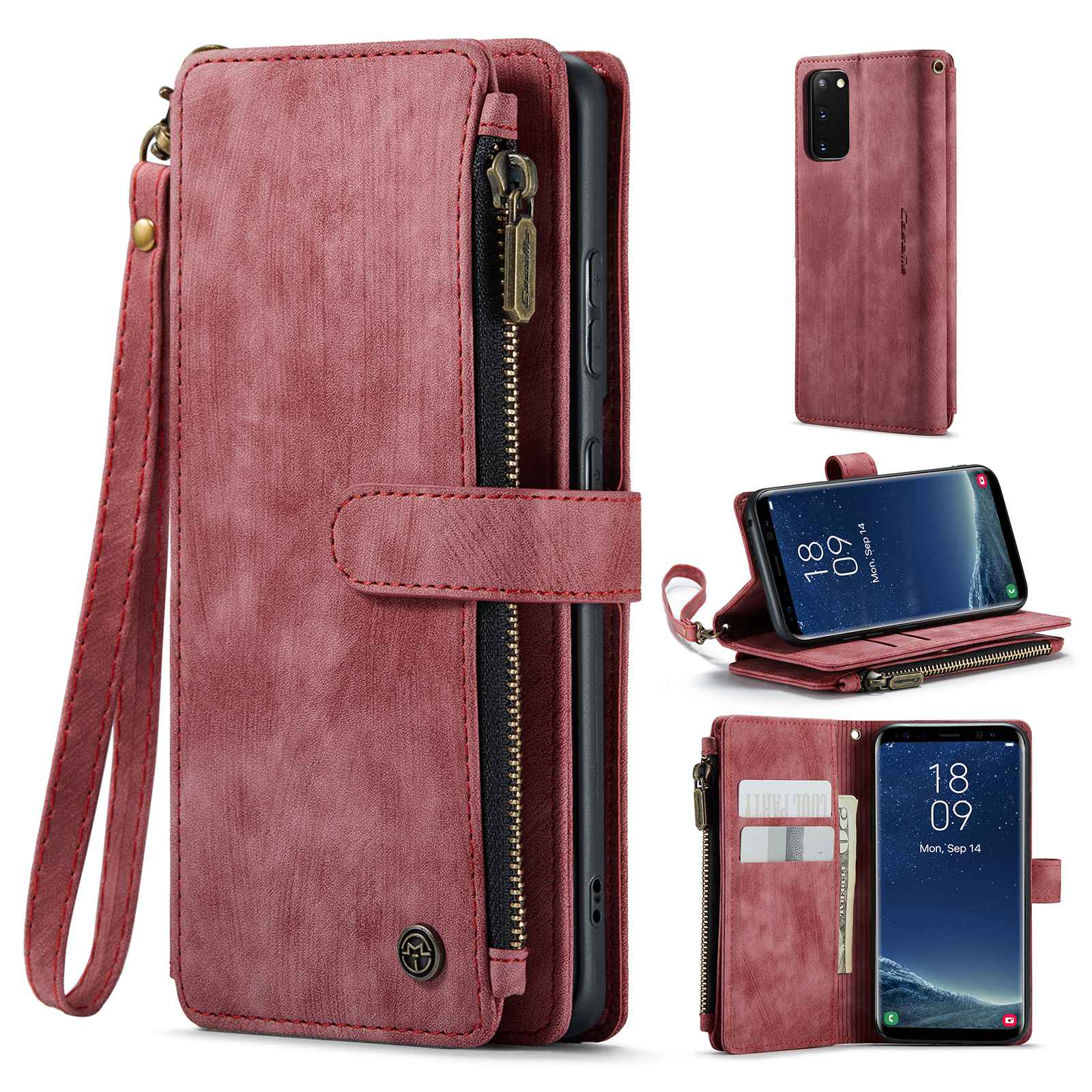 CASEME C30 Series Anti-drop Phone Case for Samsung Galaxy S20 4G / 5G, Wallet Stand PU Leather Zipper Pocket Phone Cover - Red