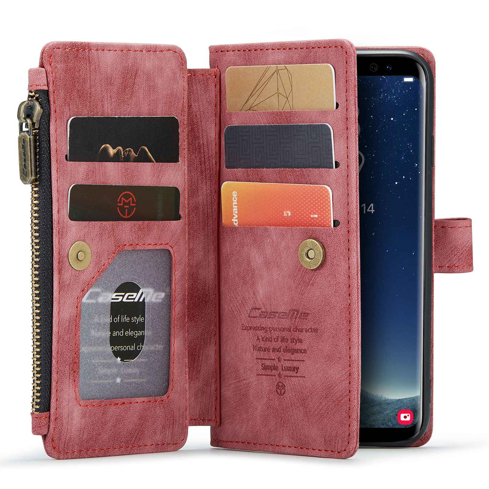 CASEME C30 Series Anti-drop Phone Case for Samsung Galaxy S20 4G / 5G, Wallet Stand PU Leather Zipper Pocket Phone Cover - Red