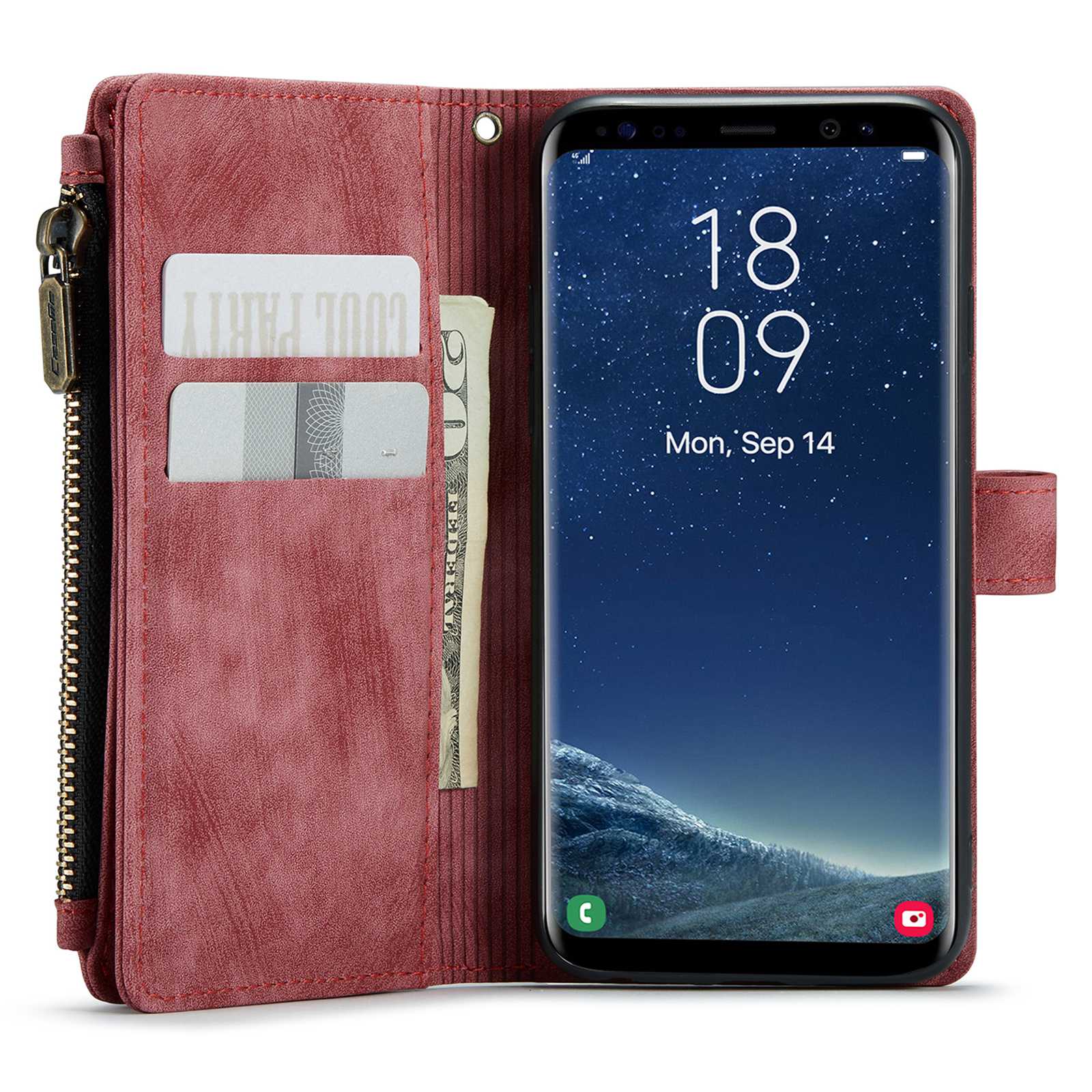 CASEME C30 Series Anti-drop Phone Case for Samsung Galaxy S20 4G / 5G, Wallet Stand PU Leather Zipper Pocket Phone Cover - Red