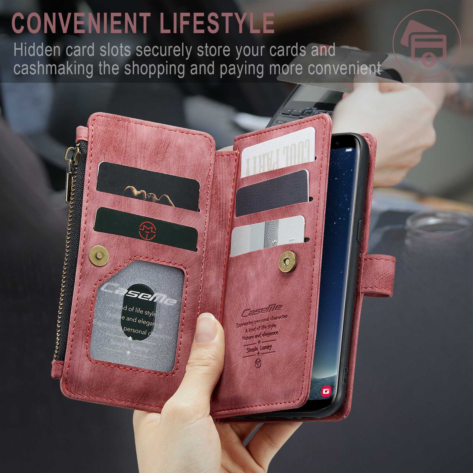 CASEME C30 Series Anti-drop Phone Case for Samsung Galaxy S20 4G / 5G, Wallet Stand PU Leather Zipper Pocket Phone Cover - Red