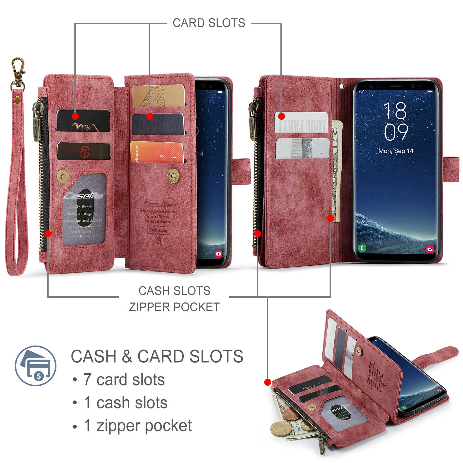 CASEME C30 Series Anti-drop Phone Case for Samsung Galaxy S20 4G / 5G, Wallet Stand PU Leather Zipper Pocket Phone Cover - Red