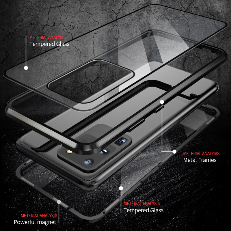 For Samsung Galaxy S20 4G / 5G Magnetic Case Clear Double Sided Tempered Glass Metal Bumper Frame Full Protective Phone Cover - Black