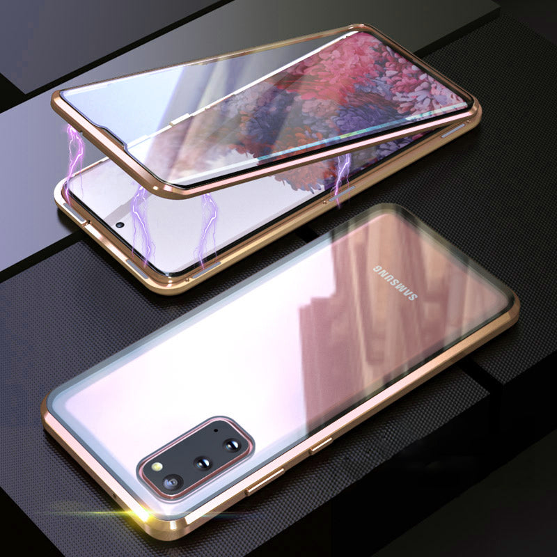 For Samsung Galaxy S20 4G / 5G Magnetic Case Clear Double Sided Tempered Glass Metal Bumper Frame Full Protective Phone Cover - Gold